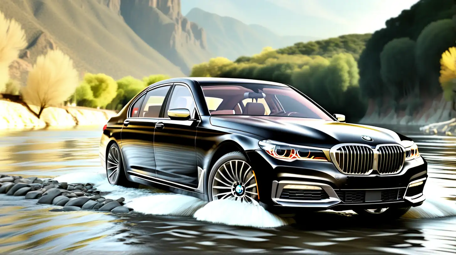 Luxurious Black BMW 7 Series Crossing a River
