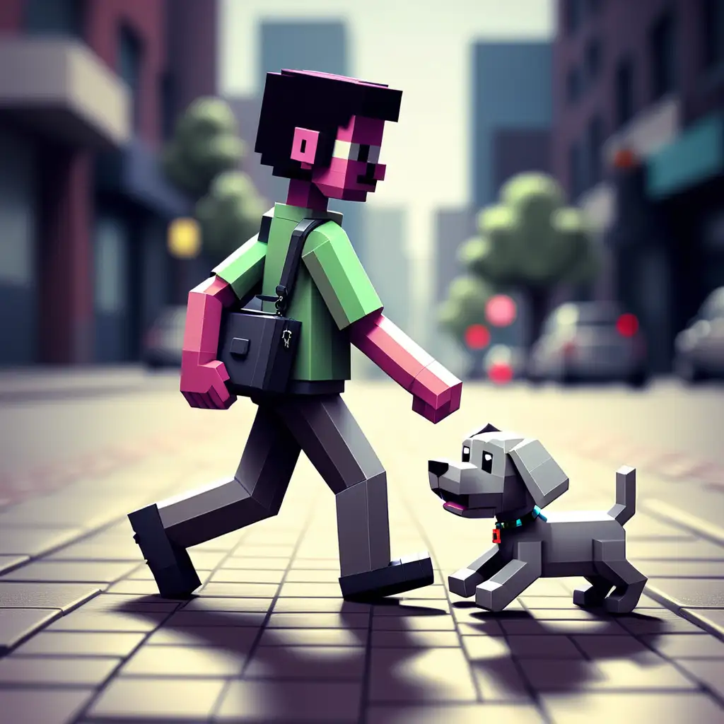 Pixel Man Strolling with Pixel Puppy