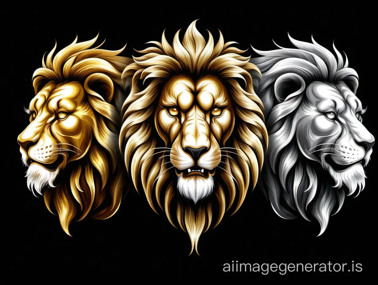 The logo of three lion heads on a black background, white lion, black lion, and golden lion. Mane, roar, vector graphics, fantasy realism. Detailing.