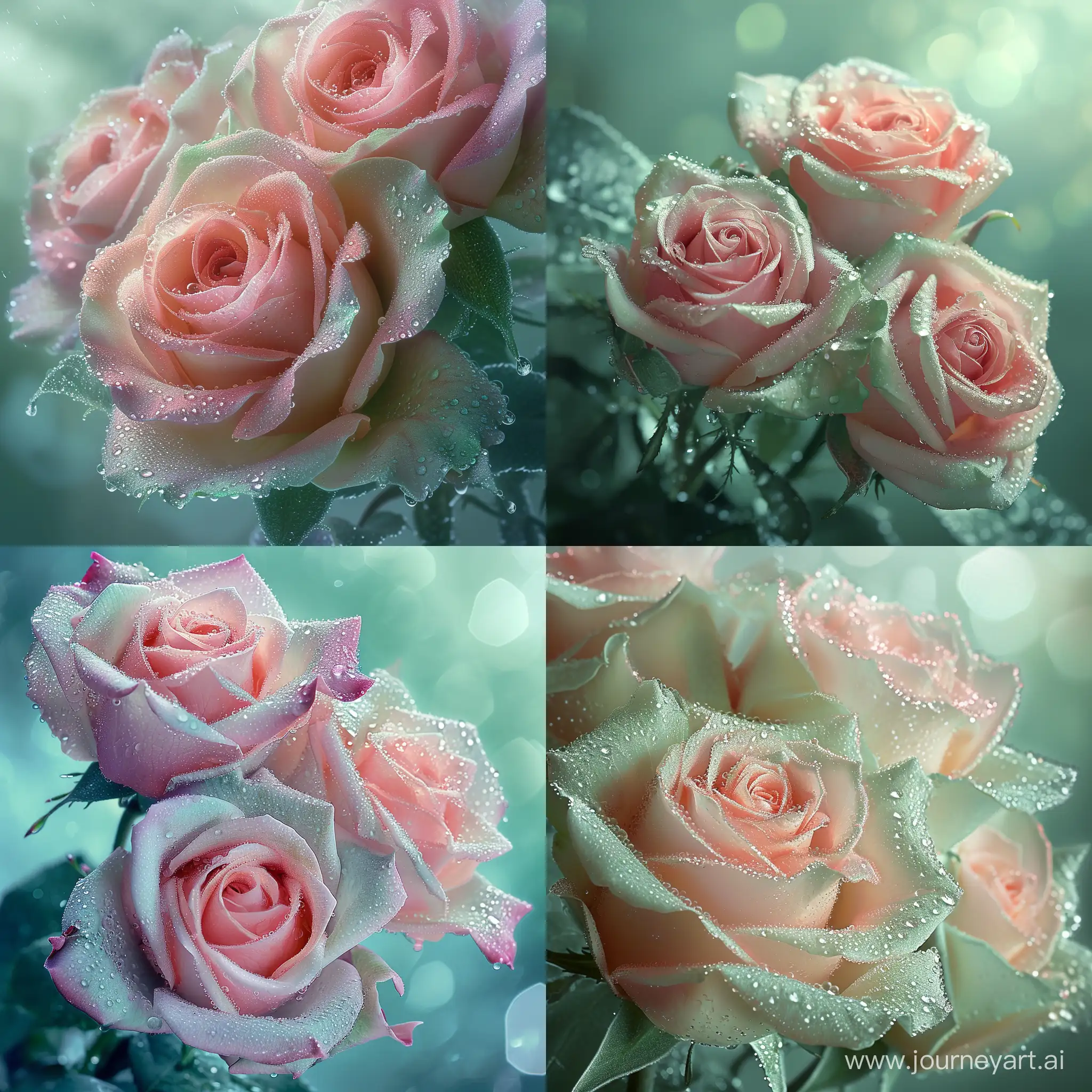 нежно-розово-мятный пышный букет роз, сложных,изумительных,волшебных нежных,цвет мята,искрящиеся капли росы,заря,волшебно,в пастельных прозрачных тонах,гипер реалистично,красивый