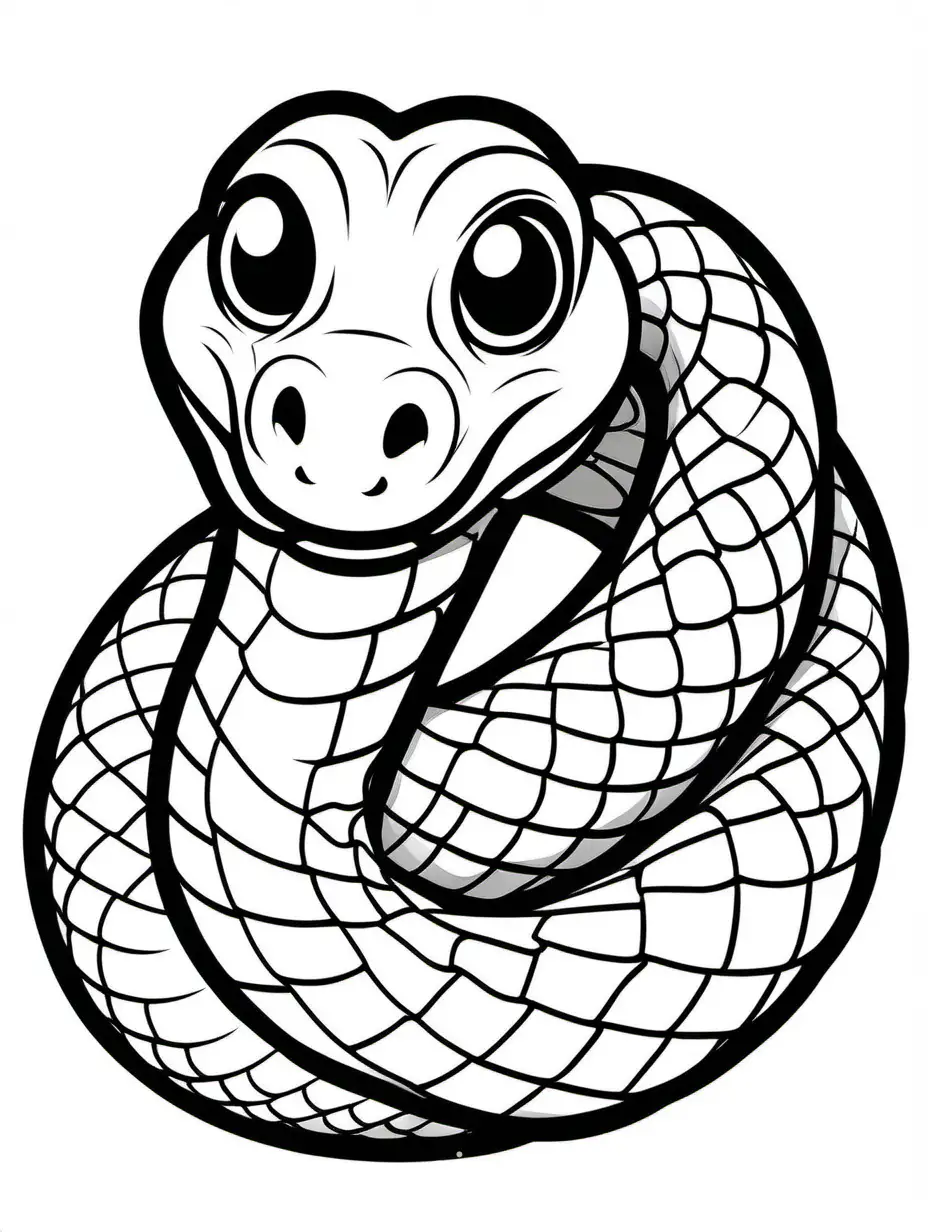 a cartoon snake coiled up, Coloring Page, black and white, line art, white background, Simplicity, Ample White Space. The background of the coloring page is plain white to make it easy for young children to color within the lines. The outlines of all the subjects are easy to distinguish, making it simple for kids to color without too much difficulty