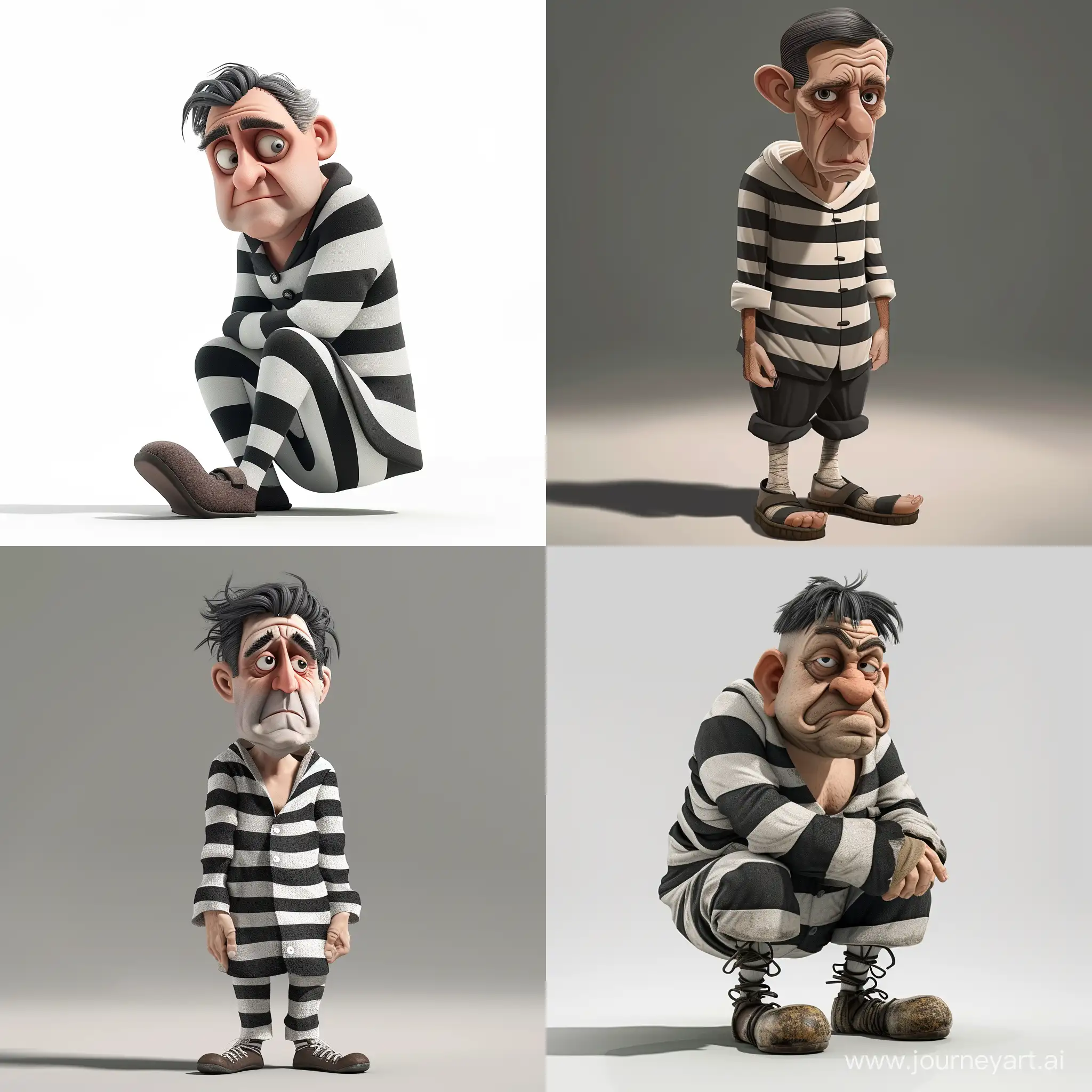 prisoner in cartoon style. middle aged man. black and white striped clothing of prisoners. pensive face. on his feet are coarse shoes. sad pose. maximum detail, best quality, HD, gorgeous light and shadow, detailed design. 3d modern cartoon style. Maximum detail. 3d quality