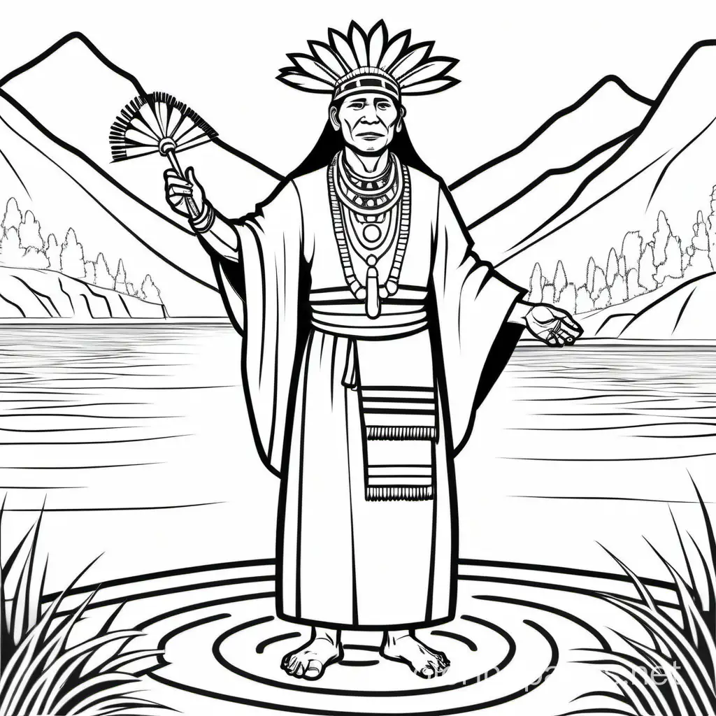 LIDER INDIGENA QUE REALIZABA CEREMONIAS RITUALES EN UN LAGO DORADO, Coloring Page, black and white, line art, white background, Simplicity, Ample White Space. The background of the coloring page is plain white to make it easy for young children to color within the lines. The outlines of all the subjects are easy to distinguish, making it simple for kids to color without too much difficulty