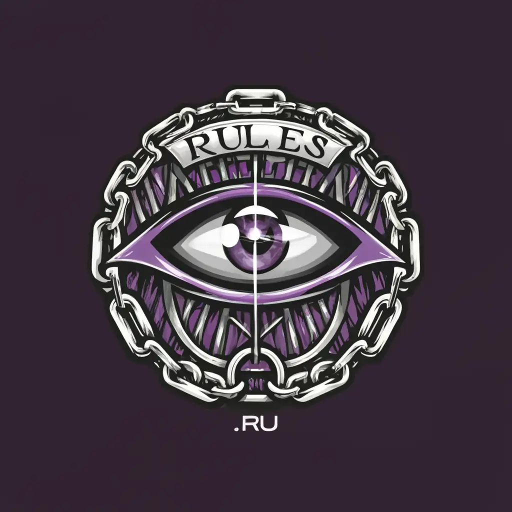 LOGO-Design-For-Rules-OrjusRu-Intricate-Purple-Eyes-and-Chains-Symbolizing-Authority-and-Mystery