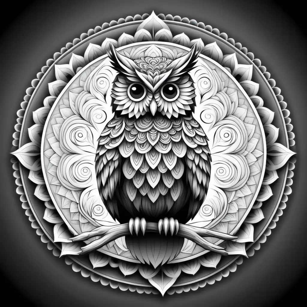 mandala owl with background, coloring page, black and white, high dof, 8k,  --ar 85:110
