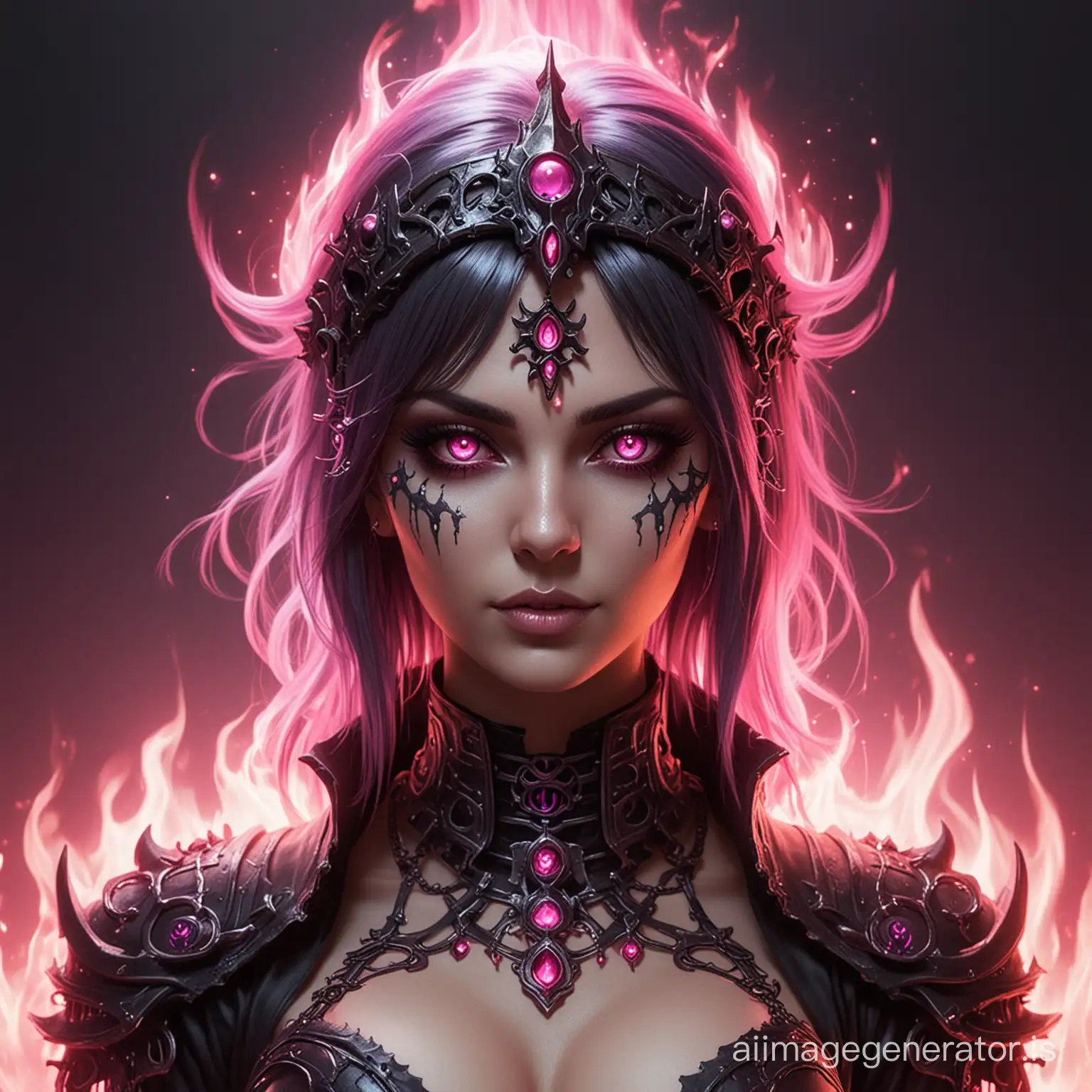 Sexy female Necromancer black and pink highlighted hair with flaming pink eyes become a lich