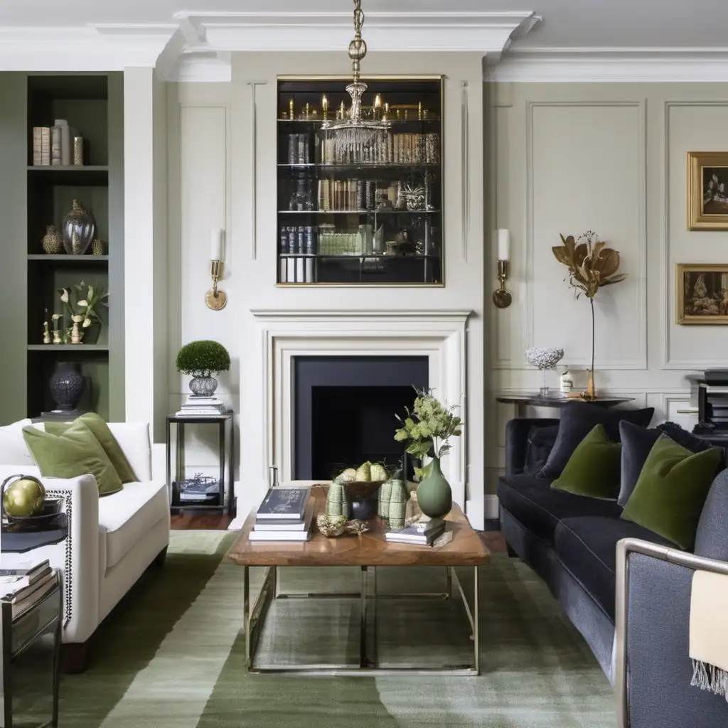 sophisticated and timeless living room with olive green and cream