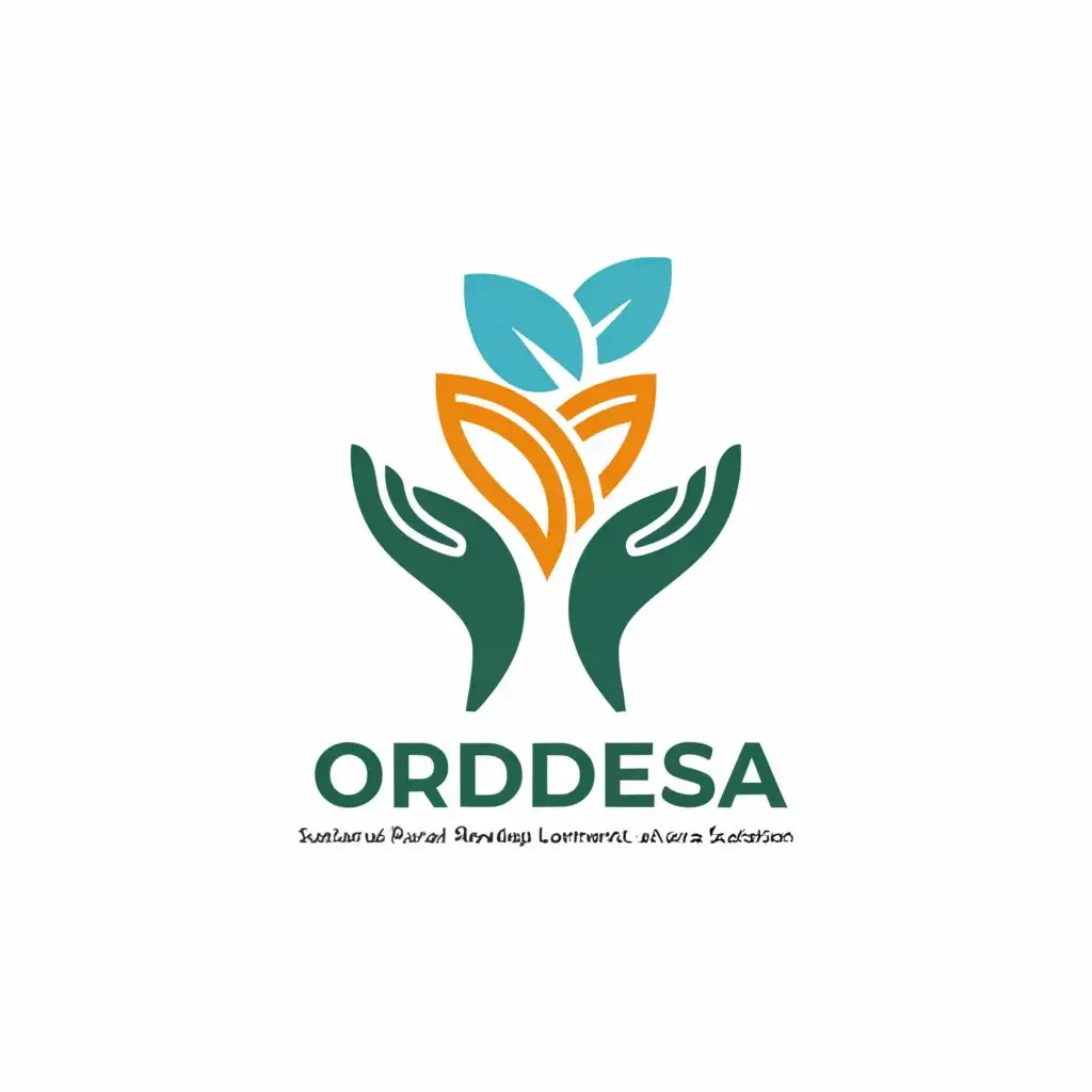 a logo design,with the text "ORDESA - Sustainable Rural Development, Health and Sanitation", main symbol:Topic: 
Elements:

Hands: Symbolizing unity, teamwork, and community empowerment.
Plant: Symbolizing sustainable rural development and agriculture.
Water droplet: Symbolizing access to clean water and sanitation.
Sun: Symbolizing hope, energy, and life.
Colors: Green (nature), blue (water), yellow (sun), and white (peace).
Styles:

Simple and modern: Clean and minimalist design, with thin lines and vibrant colors.
Friendly and welcoming: Design with rounded shapes and soft colors.
Inspiring and hopeful: Design that conveys positivity and optimism.,Minimalistic,be used in Nonprofit industry,clear background
