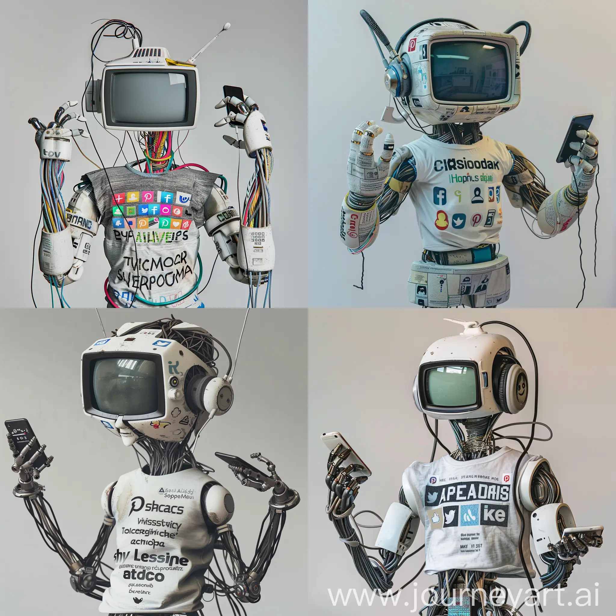 There is a robot with a television on its face. This person's hands are shaped like a telephone. Its arms are made of cable. The names of social media applications are written on the t-shirt he wears. The robot is texting someone with a phone in his hand and has headphones in his ear.