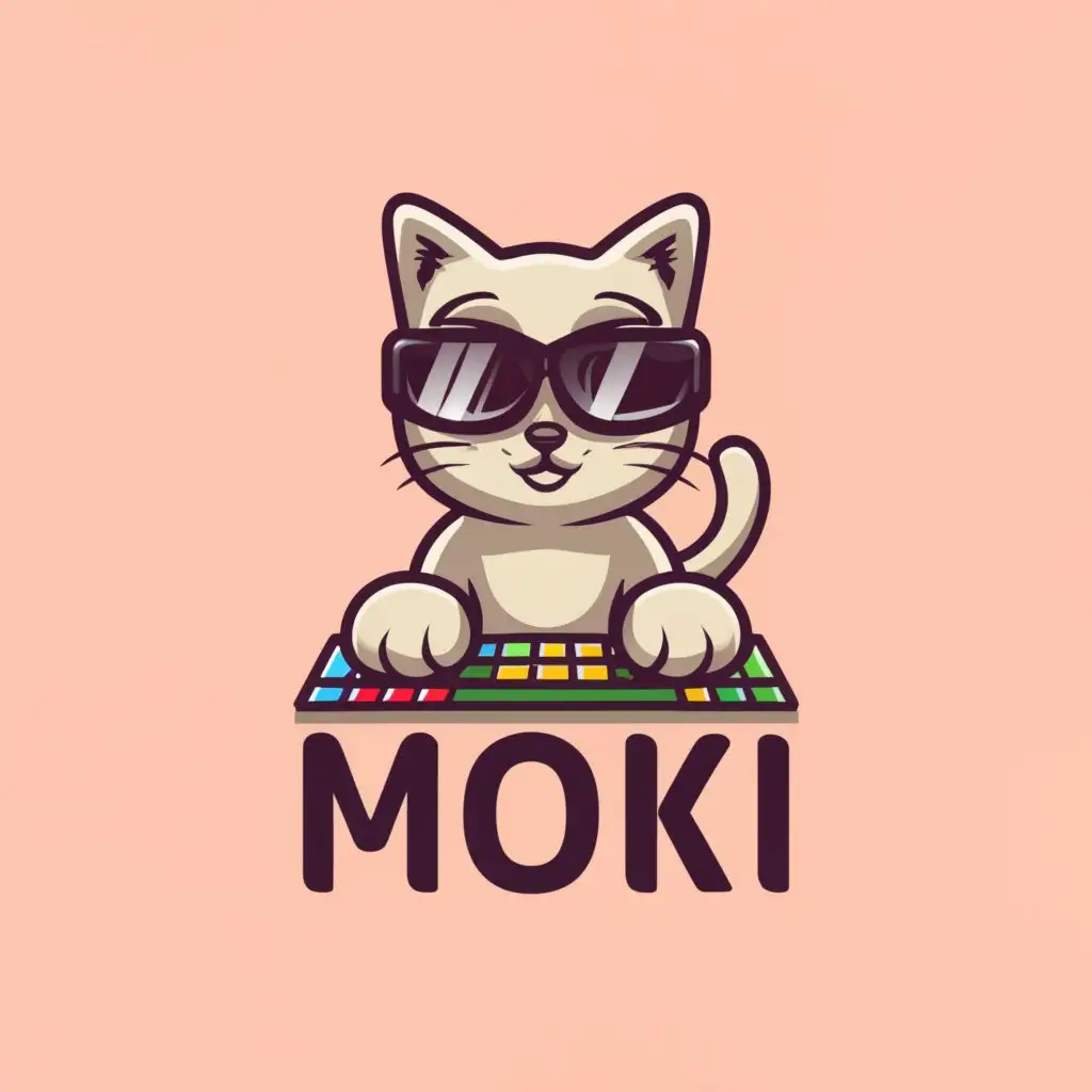 a logo design, with the text 'moki', main symbol: hacker white cat at professional keyboard wearing dark black sunglasses, Moderate, clear background
