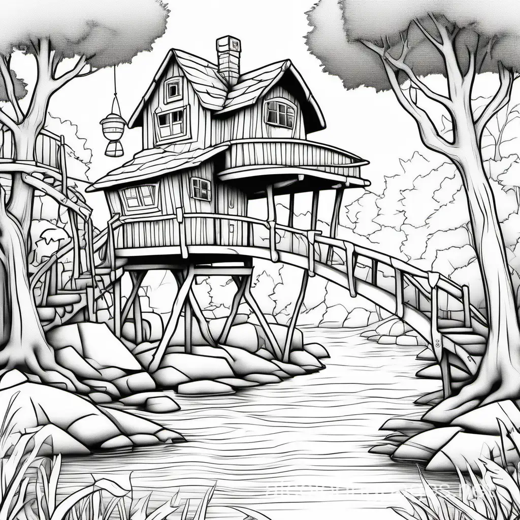 treehouse cottage on a bridge over a river with trees and animals, Coloring Page, black and white, line art, white background, Simplicity, Ample White Space. The background of the coloring page is plain white to make it easy for young children to color within the lines. The outlines of all the subjects are easy to distinguish, making it simple for kids to color without too much difficulty