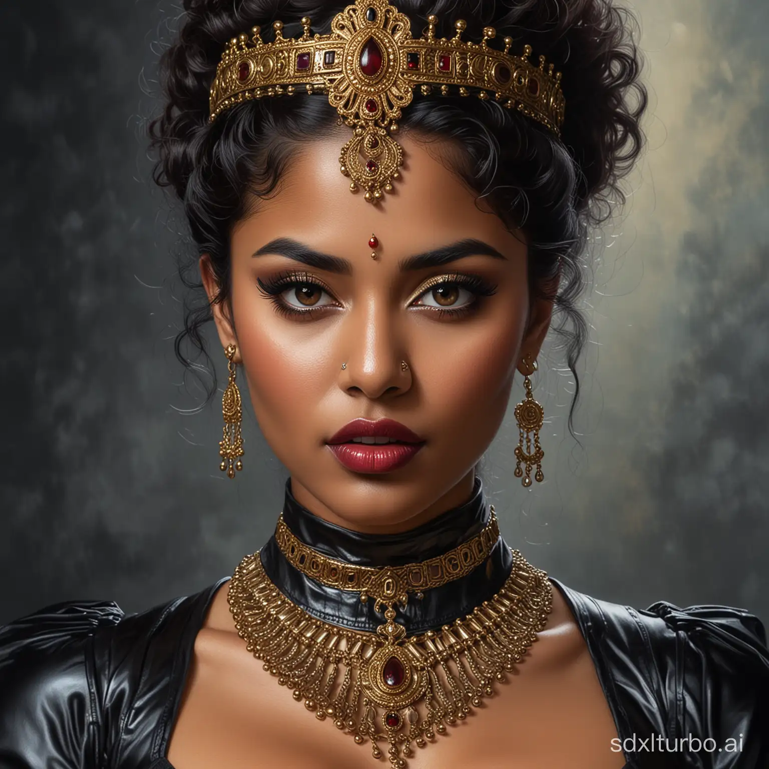 Hyper-Realistic-Oil-Painting-of-a-Tan-Black-Indian-Tamil-Domme-Mistress-Dominatrix-Woman-in-Glossy-Leather-Corset-Outfit