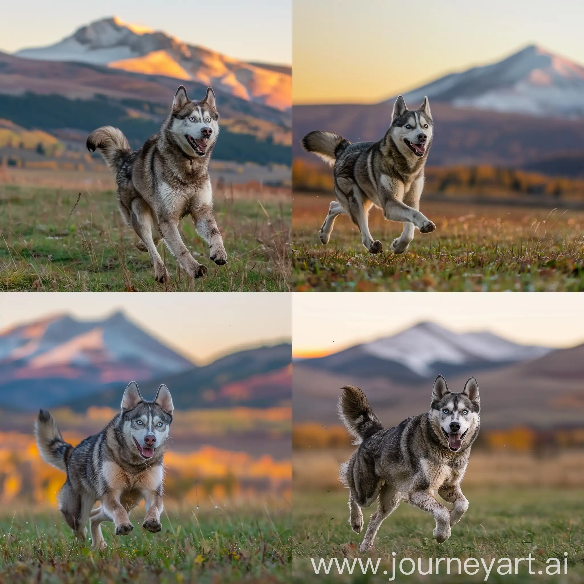 husky dog with gray and brown fur with small white areas happily running with it's legs are visible and the tail can be seen as well, through a field in autumn green grass around where a snow mountain can be seen in the backdrop and the sky is clear on a sunny evening almost before twilight orange and yellow glow as seen by a telephoto camera lens where the dog is in a distance of about 15 meters

