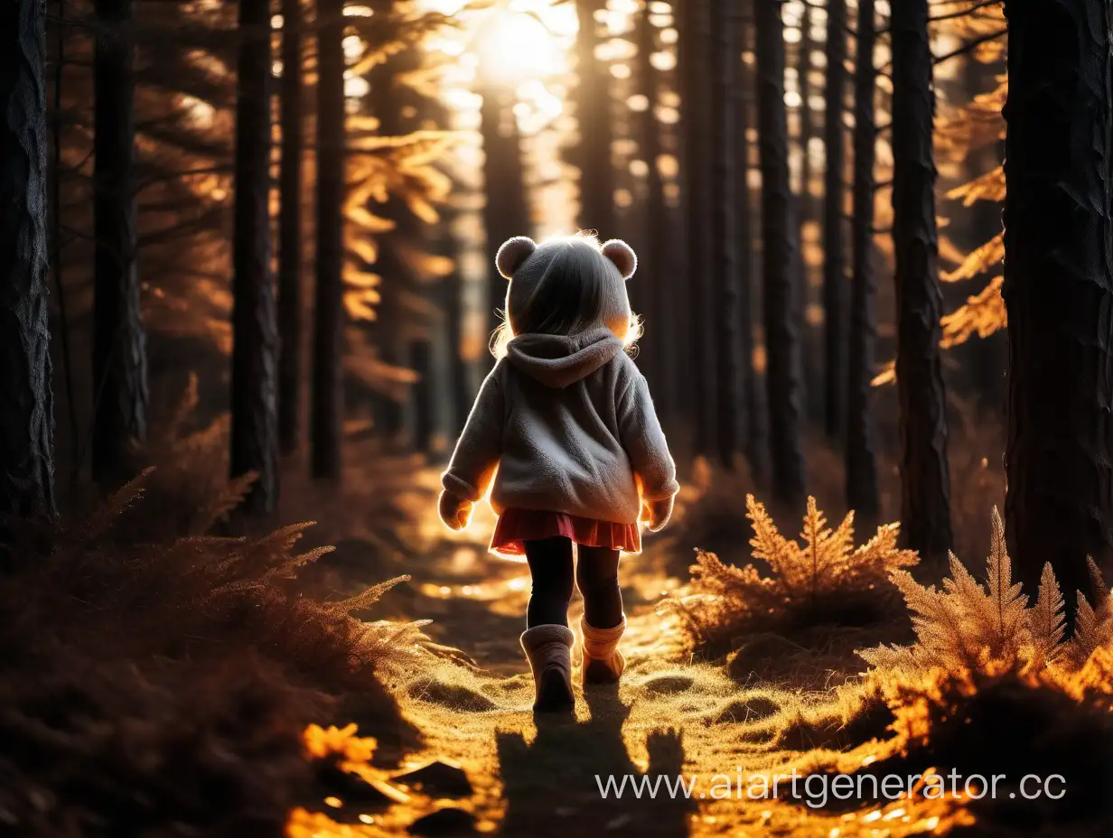 Create a girl with her favorite bear in the backlight, walking through the forest in the middle of the fall and surrounded by fir trees