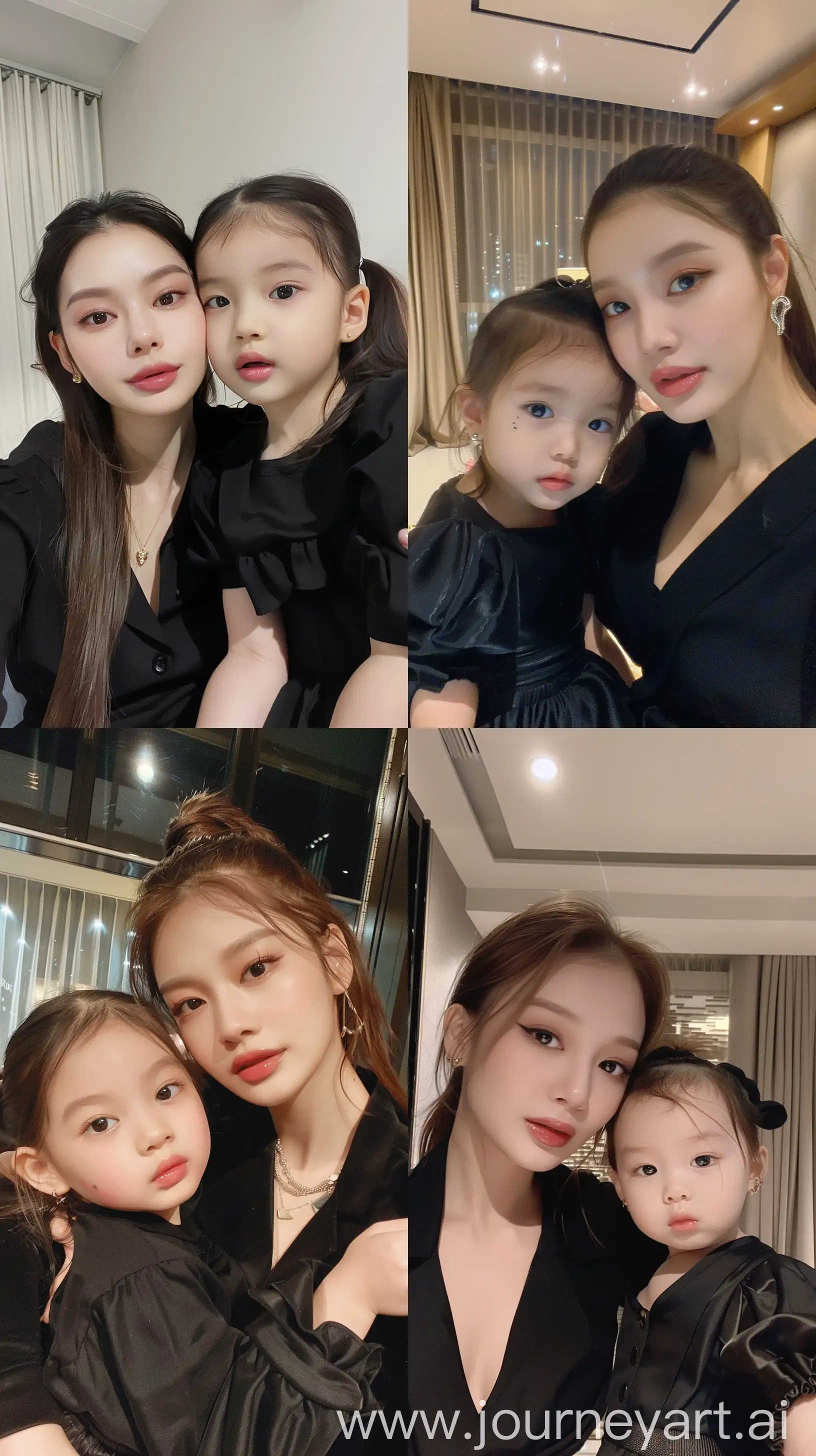 blackpink's jennie selfie with 2 years old  girl, facial feature look a like blackpink's jennie, aestethic selfie, wearing black outfit, night times, aestethic make up,hotly elegant young mom --ar 9:16 
