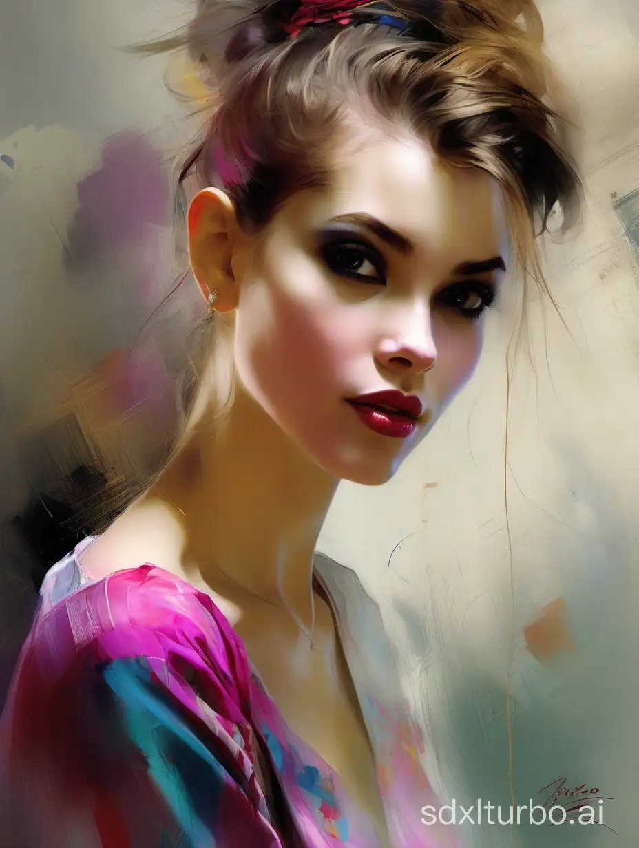 Portrait By Pino Daeni, Vladimir Volegov, Alberto Seveso, Rogue. hair tied up, Detailed background, perfect details, colorful, cute, Perfect face.