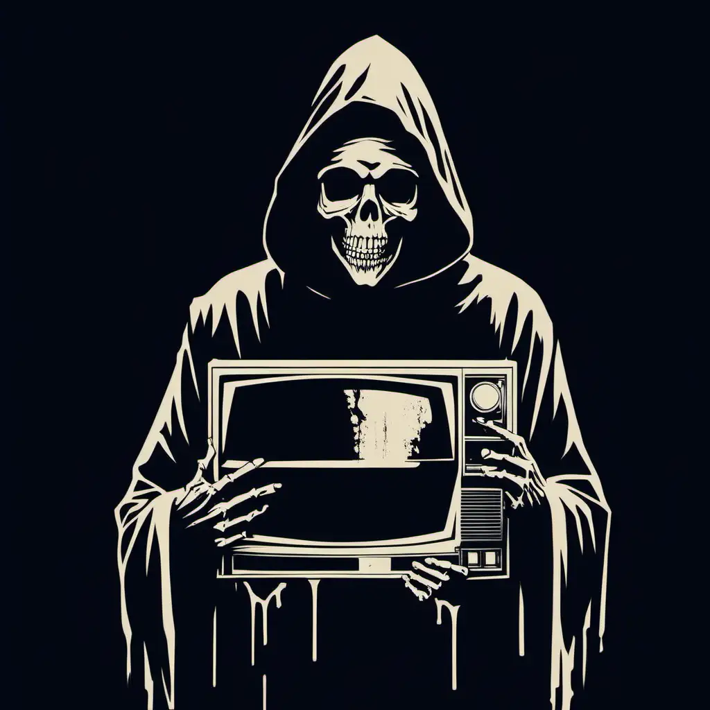 Grim reaper holding a VHS in the style of banksy, isolated on black background -v 5