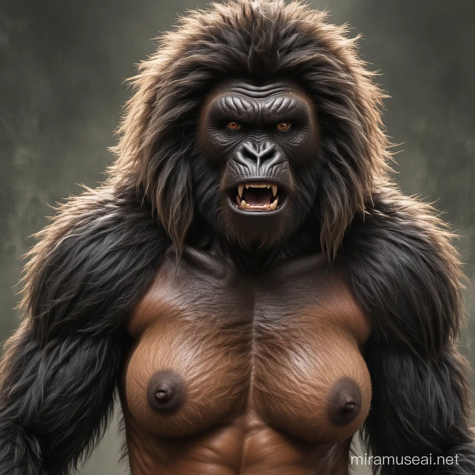A very hairy woman transform to weregorilla showing the very hairy female body with brown skin and sweaty hairy boobs and hairy brown gorilla faces and brown face skin