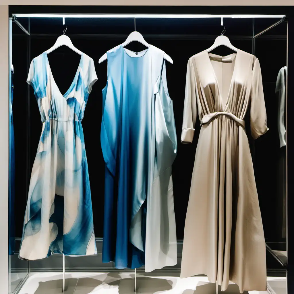 neutral and blue abstract silky dresses in a display case