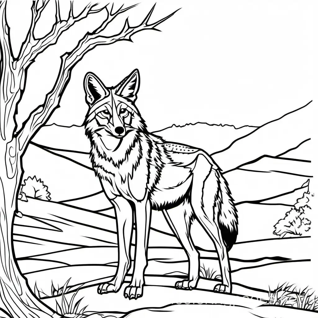 Coyote, Coloring Page, black and white, line art, white background, Simplicity, Ample White Space. The background of the coloring page is plain white to make it easy for young children to color within the lines. The outlines of all the subjects are easy to distinguish, making it simple for kids to color without too much difficulty