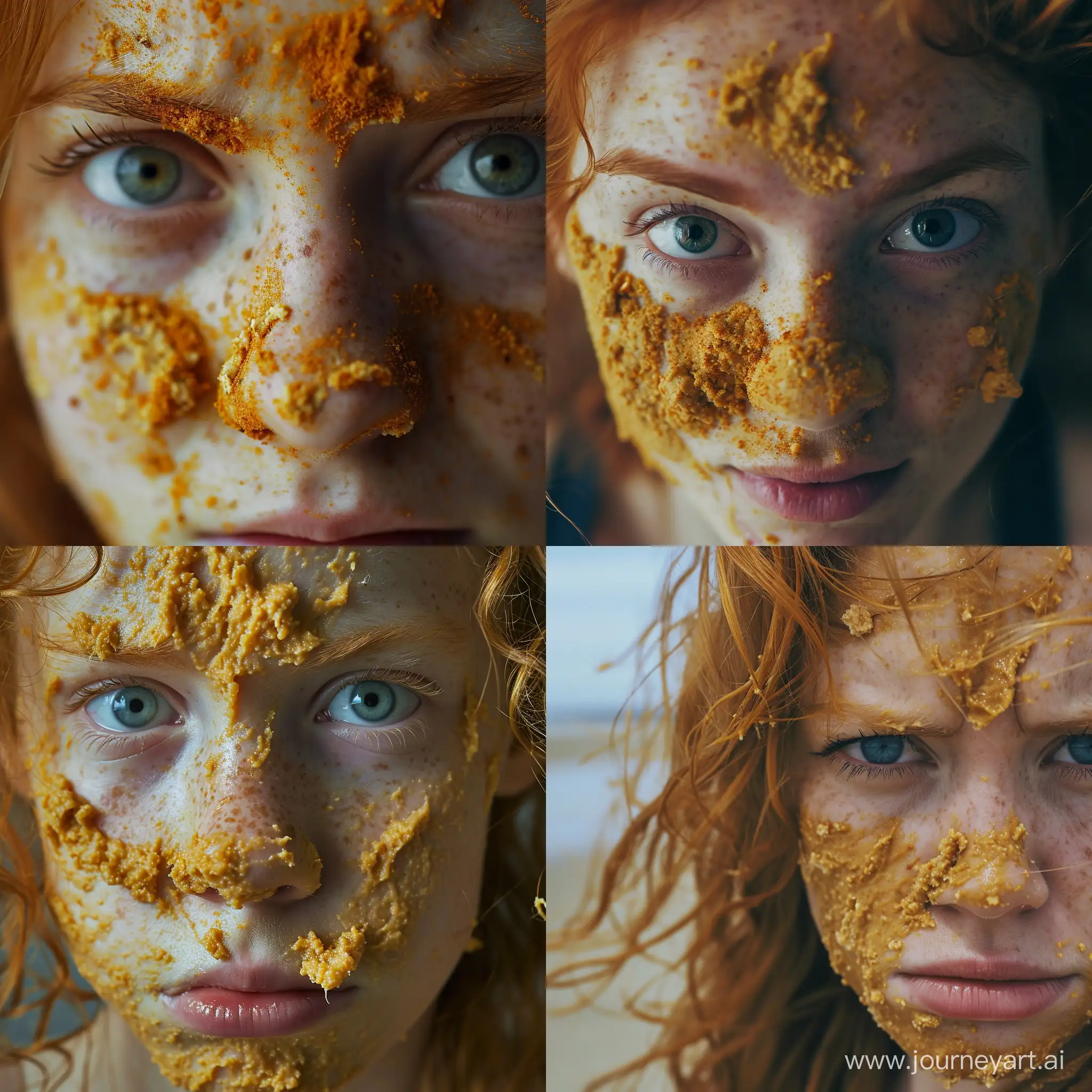 closeup of an ugly ginger GIRL with hummus all over her face --v 6 --style raw