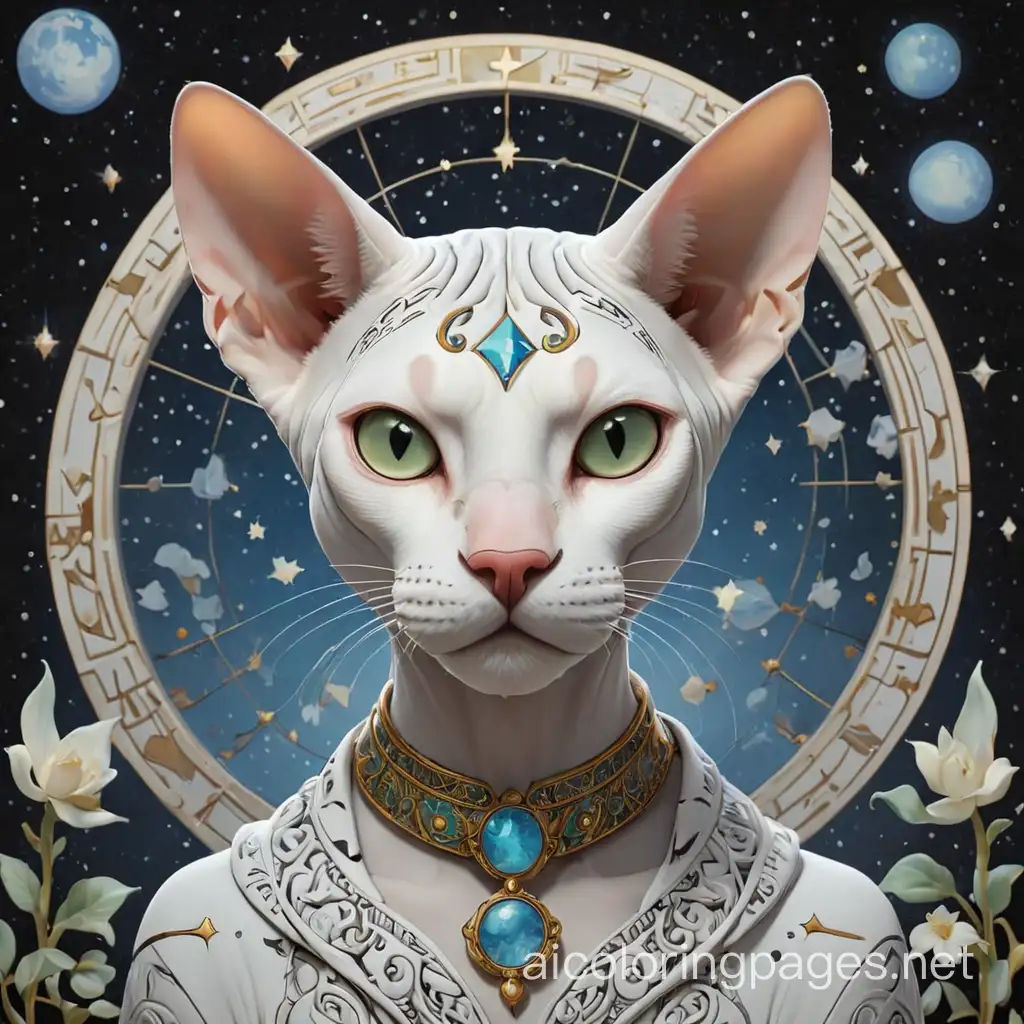 A surrealist portrait of a regal but sinister sphynx cat with mysterious hieroglyphs and constellations surrounding it in the style of Rene Magritte with a touch of Alphonse Mucha 3D, Coloring Page, black and white, line art, white background, Simplicity, Ample White Space. The background of the coloring page is plain white to make it easy for young children to color within the lines. The outlines of all the subjects are easy to distinguish, making it simple for kids to color without too much difficulty