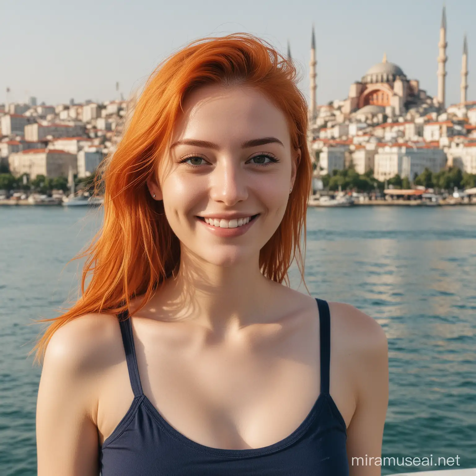 Smiling Young Woman in Navy Crop Top against Istanbul Skyline