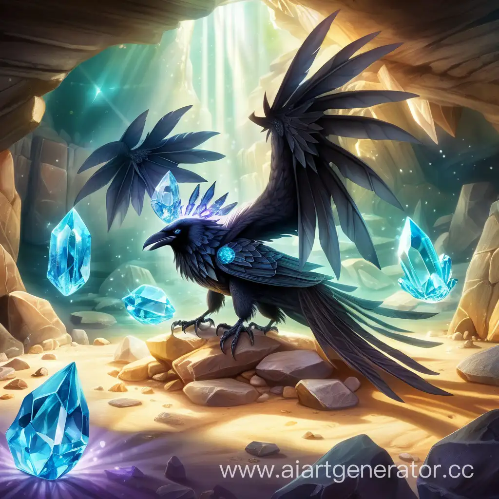 Majestic-Crystal-Dragon-Sleeping-in-Sunlit-Cave-Surrounded-by-Scattered-Crows