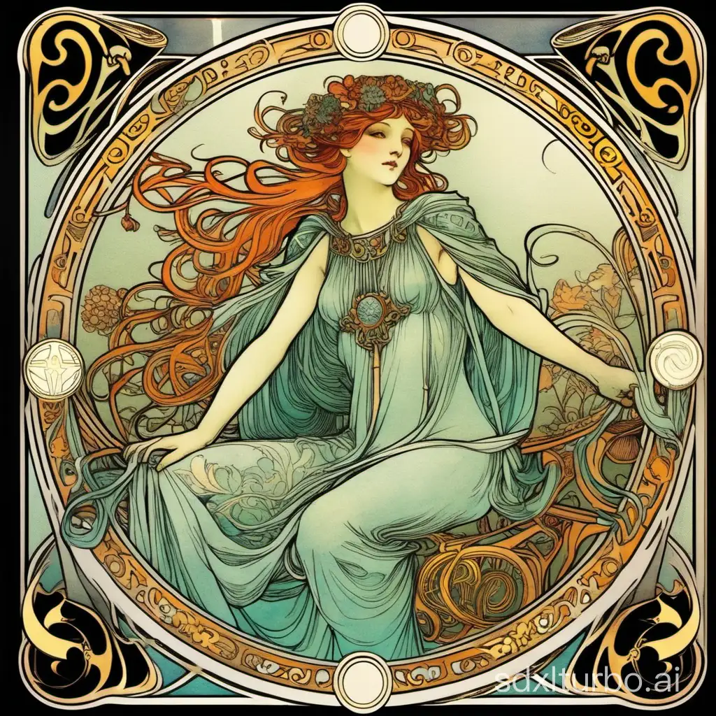 mucha’s style，pure color and black；colorful;aquarius;tarot card form