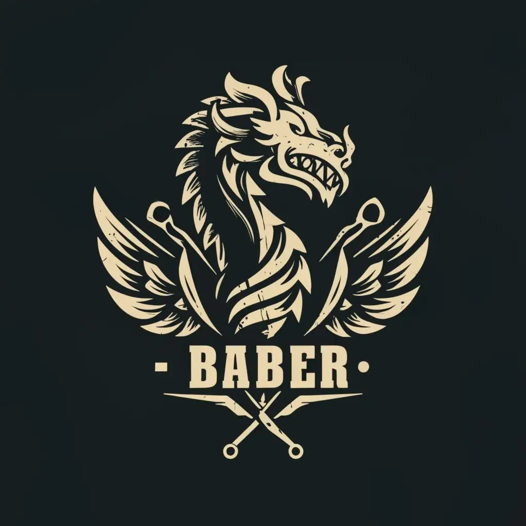 logo, Abstract cyberpunk fun dragon hairdresser with scissors and comb in black and white in minimalism, with the text "I - Barber", typography, be used in Entertainment industry