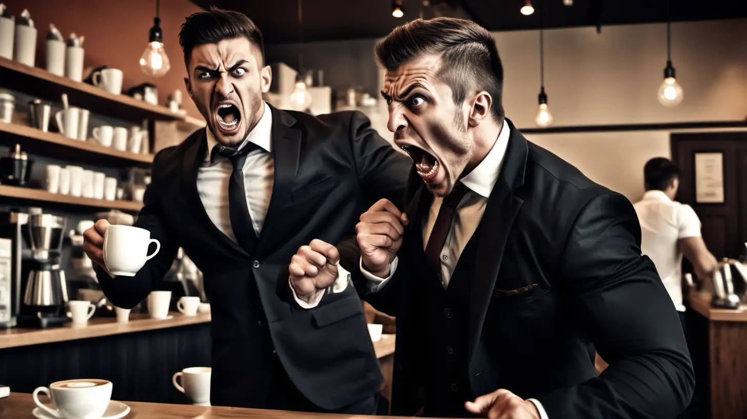 A cafe scene with an extremely angry screaming muscular male barista pulling hard on the tie of a very angry customer in a black suit. The barista is forcibly pouring a cup of coffee down the customer's mouth, coffee is pouring down his cloths, customers in the background look shocked.