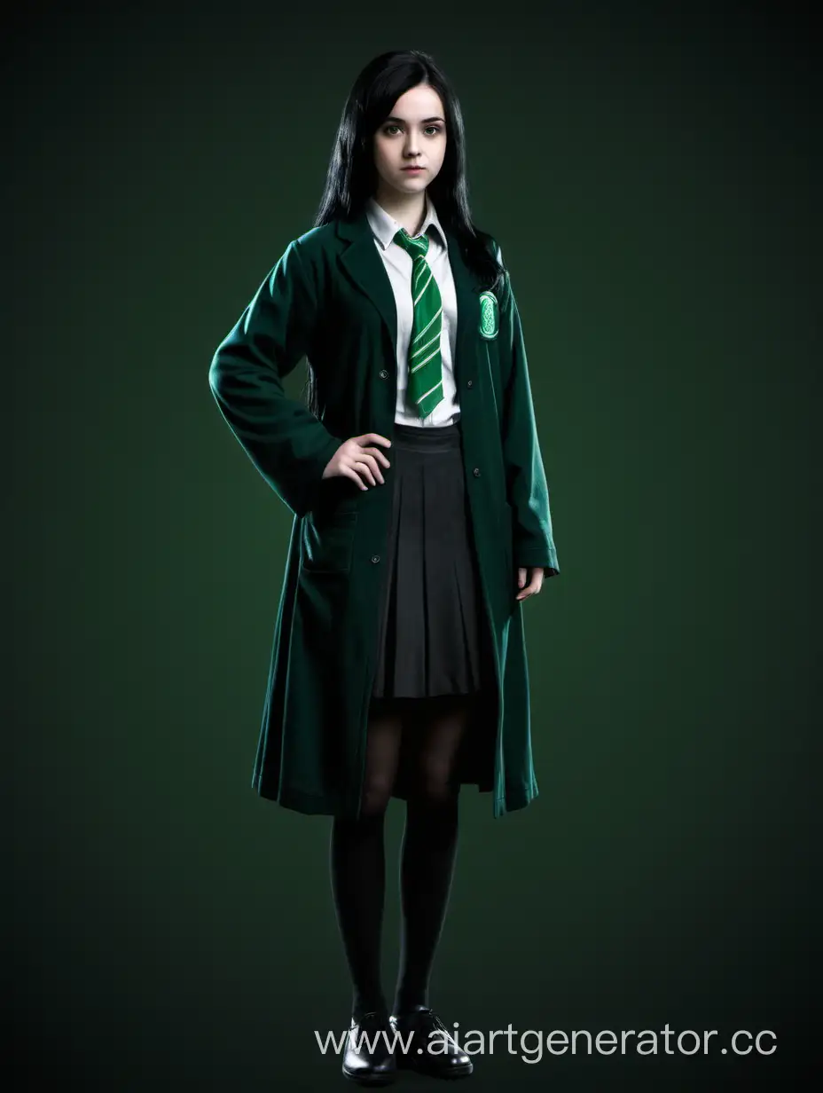 Girl-student of Slytherin, black hair, standing