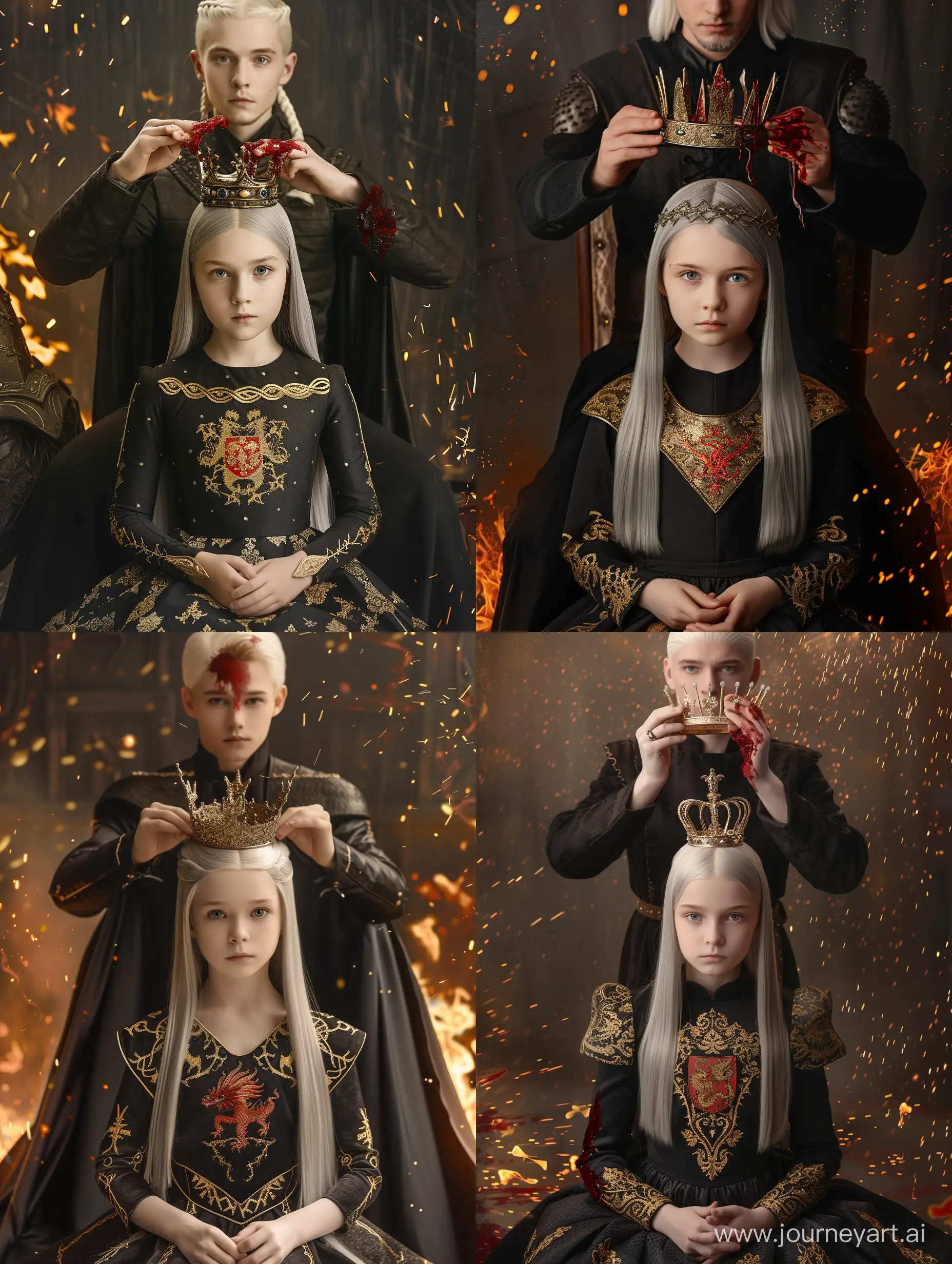 A young girl with straight white hair and gray eyes in a black dress with gold patterns on the chest, sleeves and shoulders, open neckline, sits with clasped hands, behind her stands a tall man with white hair just below the shoulders in a black medieval costume with the coat of arms of a red dragon on his chest, he holds a crown over the girl's head, with a crown blood flows, fire and flaming sparks on the background, Game of Thrones style, cinematic style, dark golden light