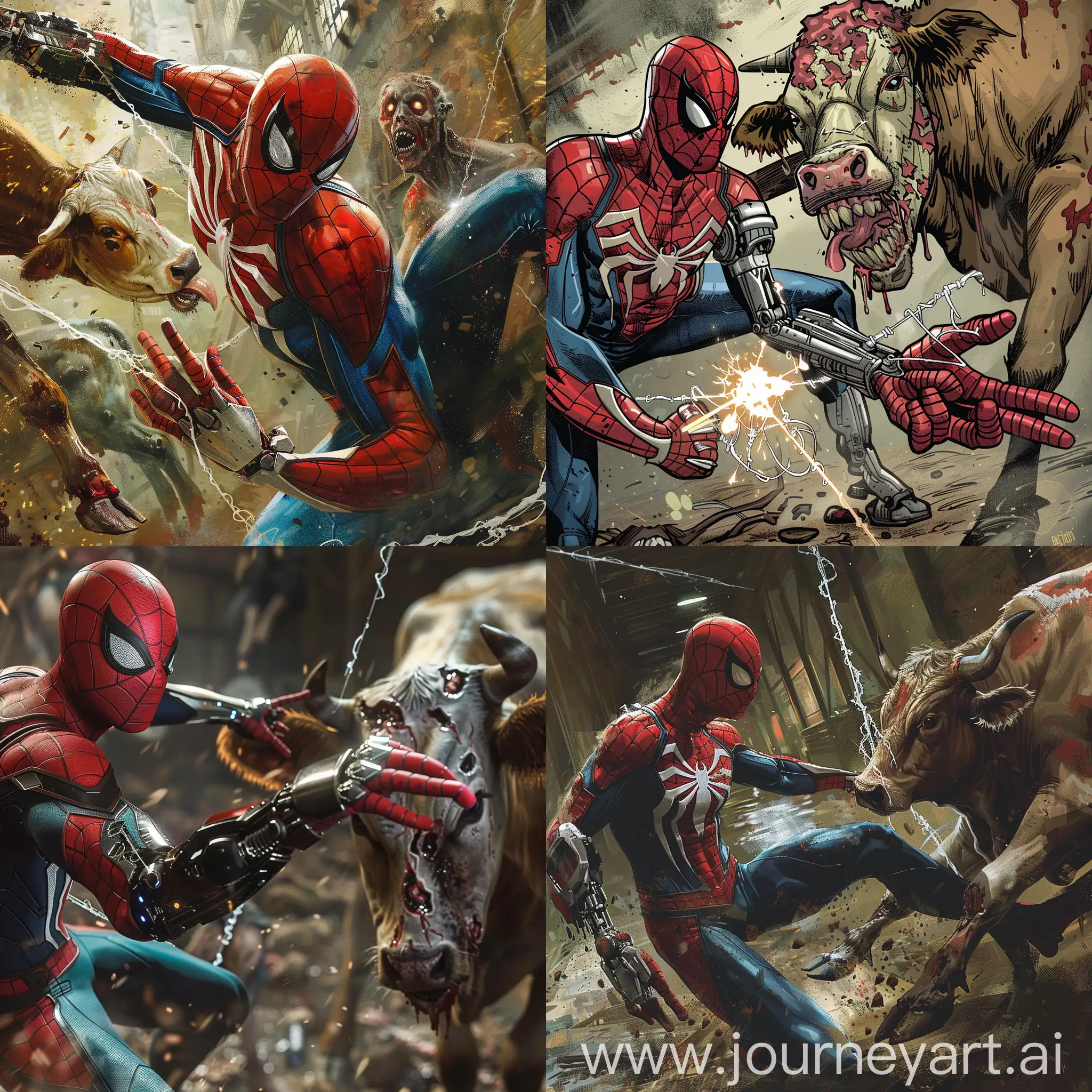 Spiderman with a robotic left arm is fighting a zombie cow