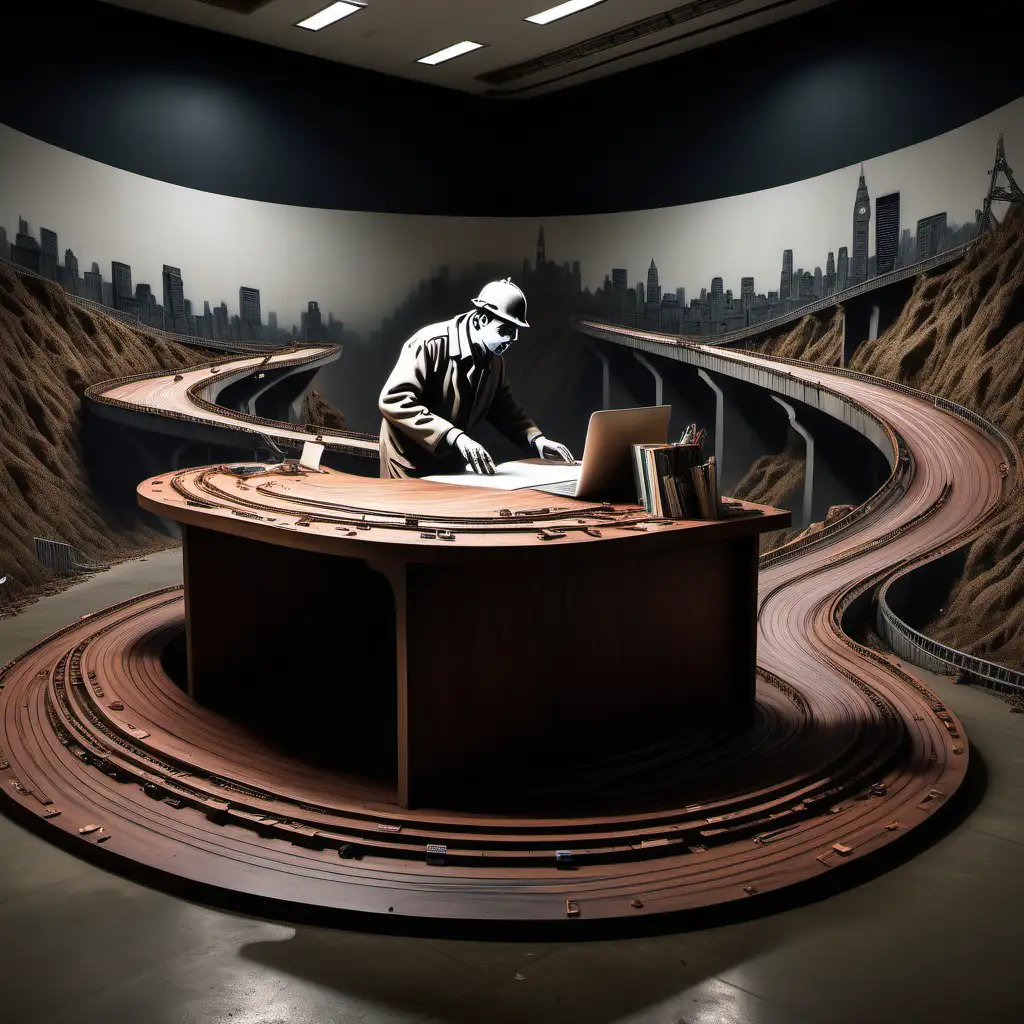Realistic BanksyInspired Photography Road Engineer Creating Virtual Highway on Mahogany Desk