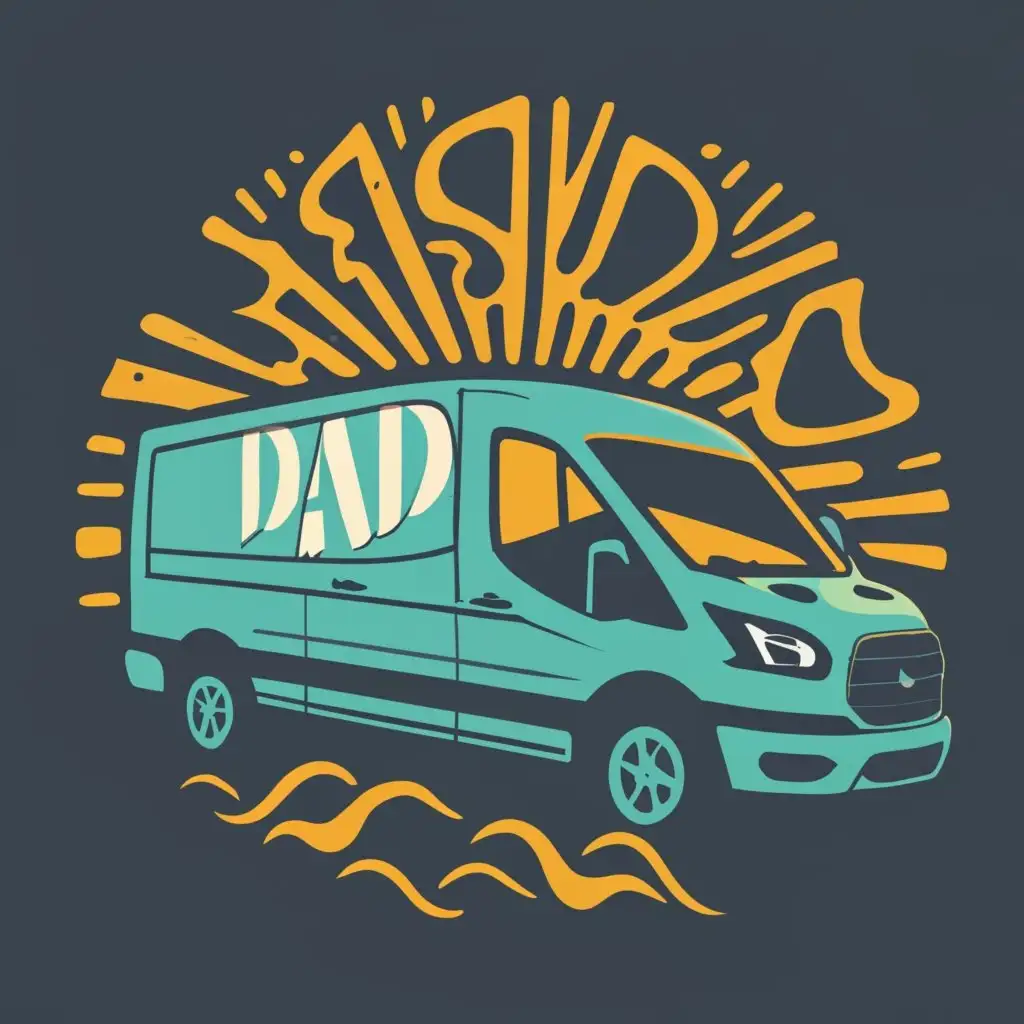 logo, A Ford Transit van with the sun and waves around it, with the text "Transit Dad", typography, be used in Travel industry. Add windows to the van