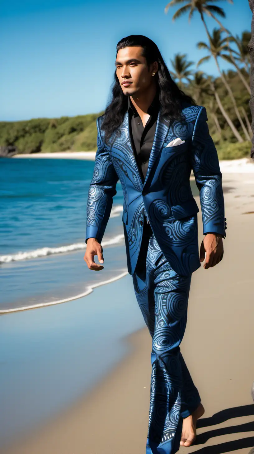 A handsome Polynesian model with long black hair wearing a black and blue long tapa design suit coat and trousers walking near the Tropical beach on a sunny day