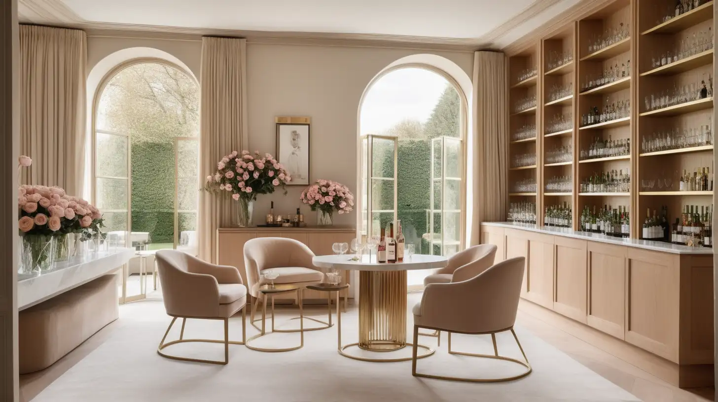 Modern Parisian bar room; built-in wall shelving with bottles and glasses; floor to ceiling windows with curtains and views of the gardens; vase of roses; beige, light oak, brass colour palette