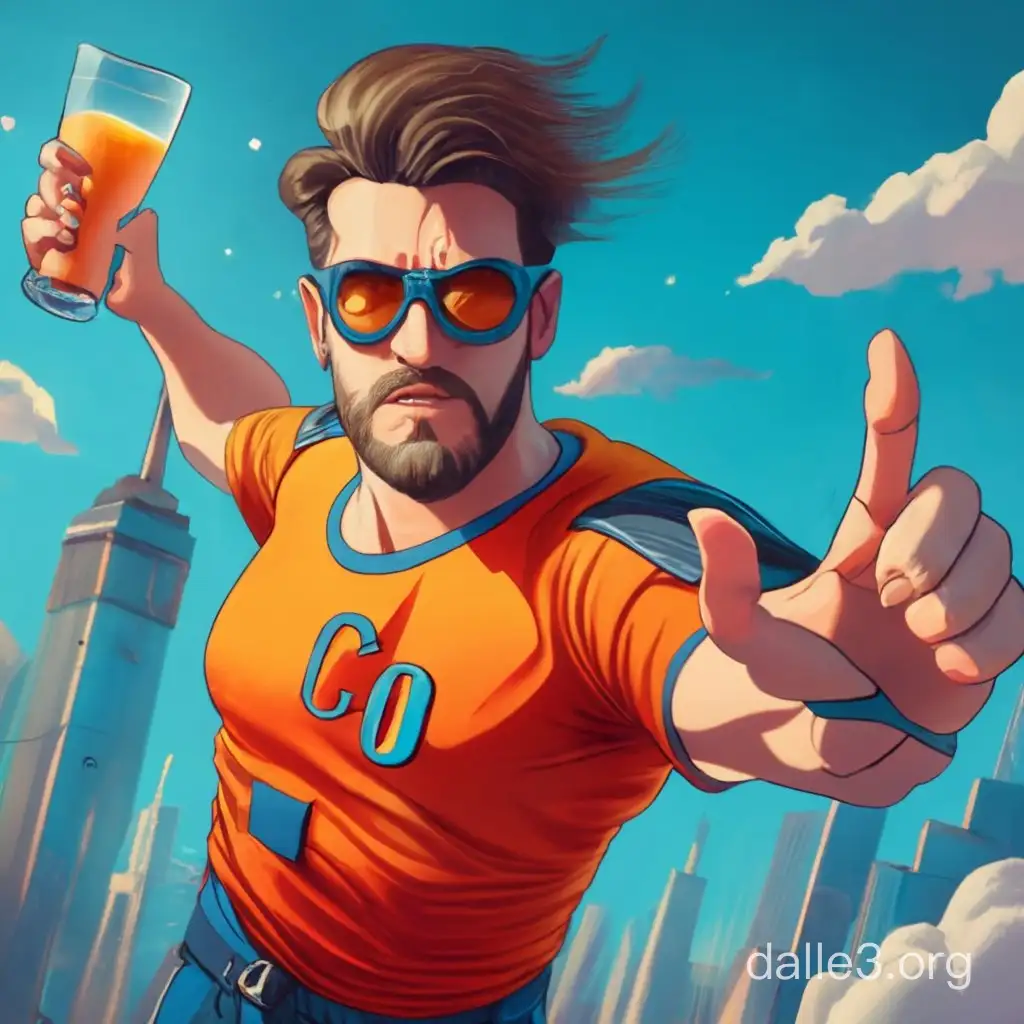 super hero Captain Obvious, flying to save the world, wearing jiu jutsu clothes, realistic style, "CO" on shirt, having orange drink in his hand, more epic, hand with five fingers