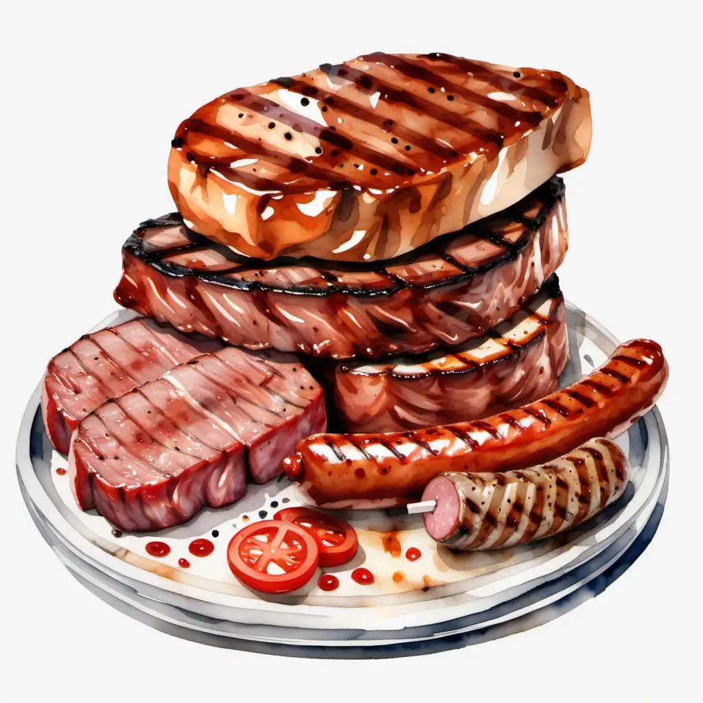 Bbq steak and sausage, water colour, transparent background,  stacked 