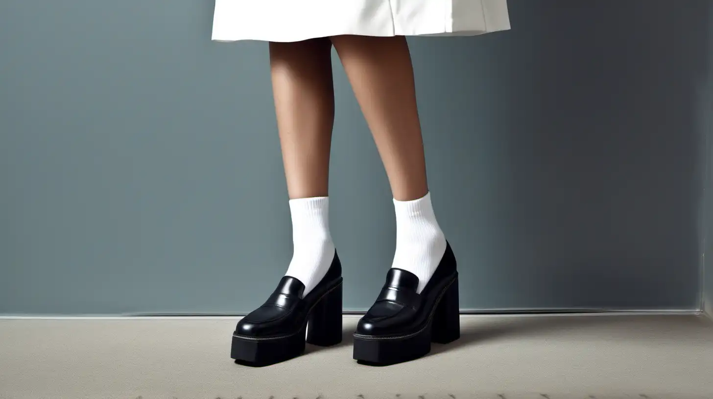 Close up, girl wearing very short white ankle socks, chunky black leather platform loafer style shoes, very high heels