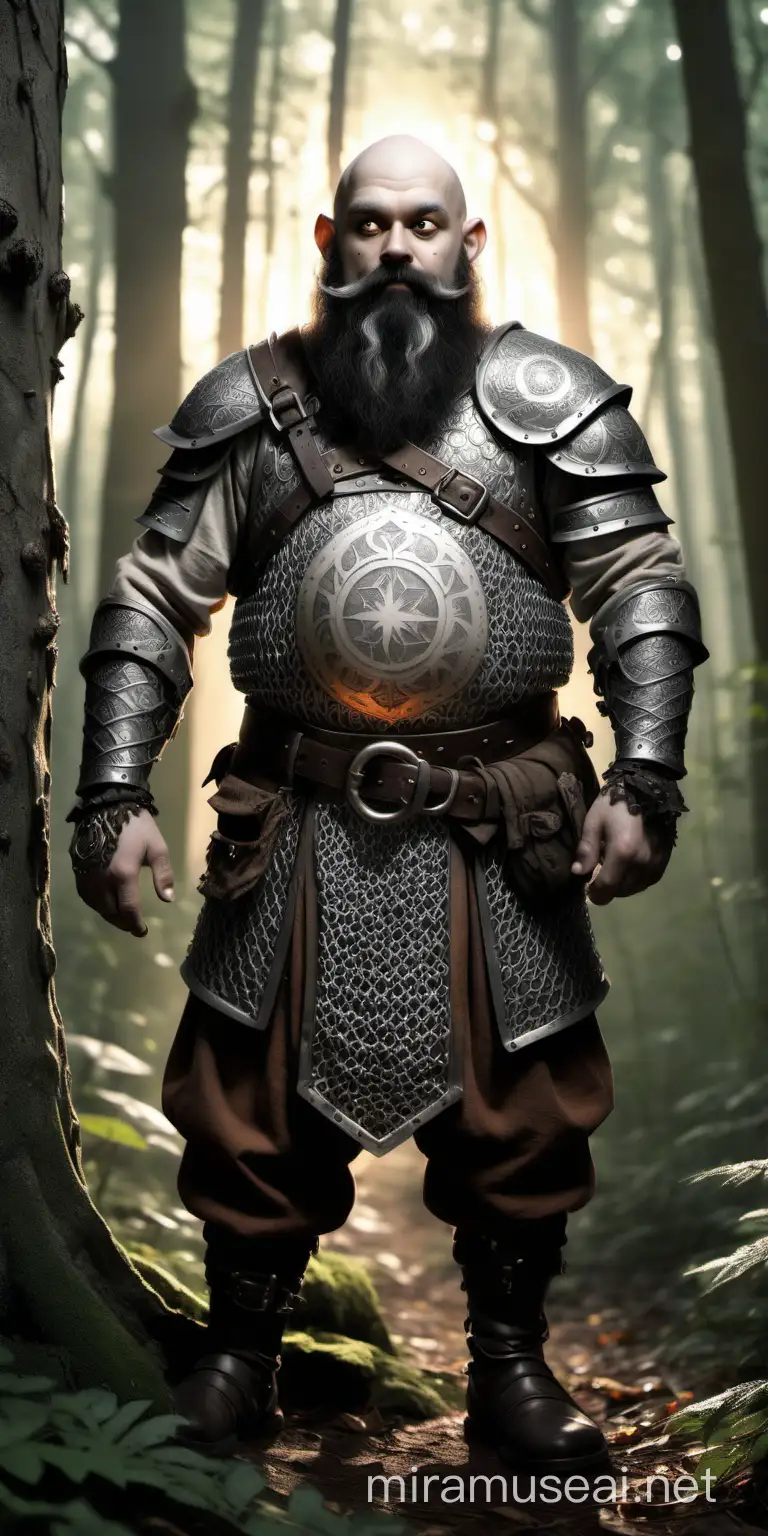 A dwarf with a black beard and bald in the forest. He wears medieval chainmail and seems friendly and blind. He has black and white tattoos on his arms, head, belly, all over his body that represent suns and sun rays. He is in the forest and the atmosphere is warm and relaxed. You can see his entire body and he is next to a cuted tree.