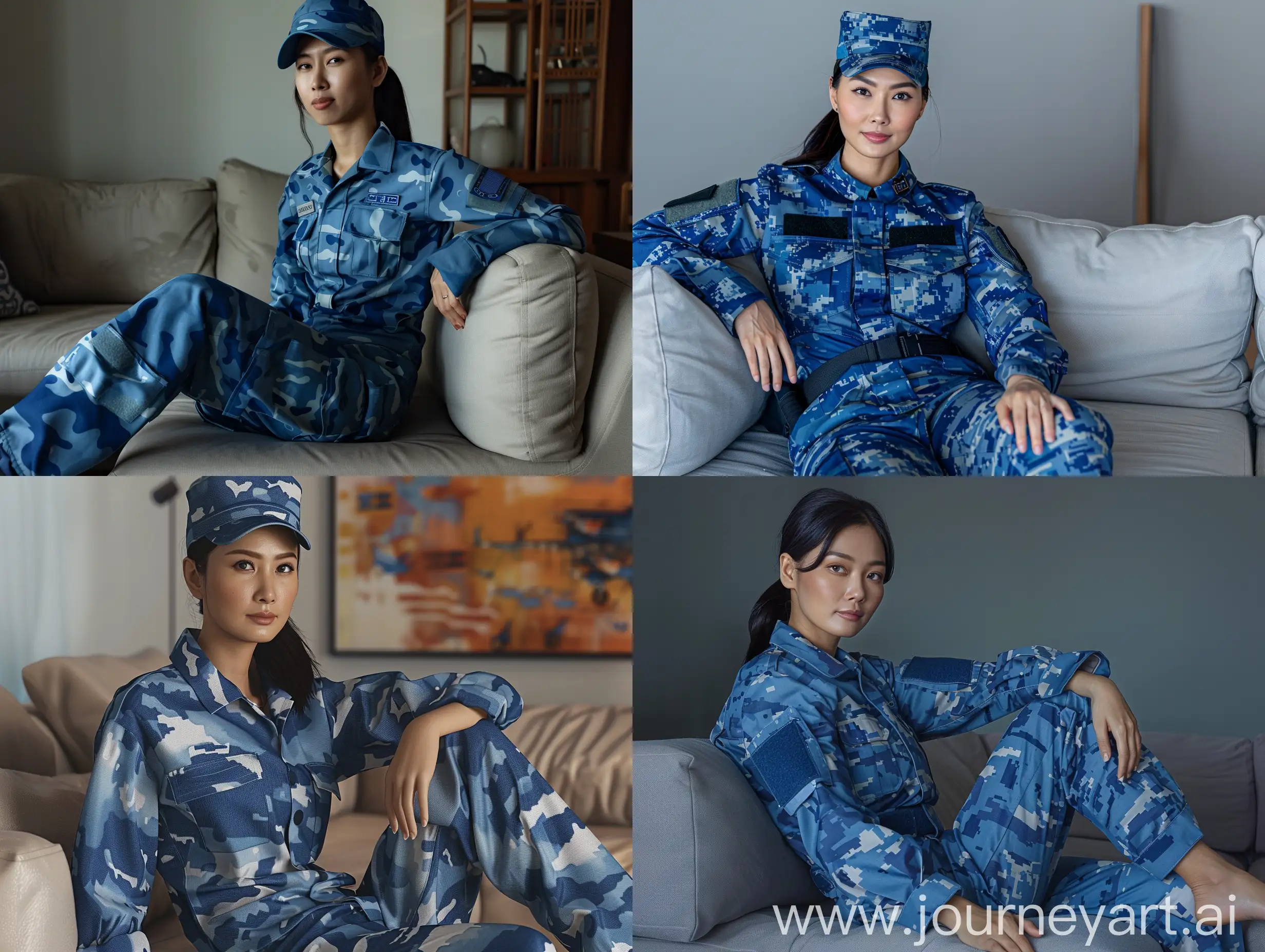 singapore asian airforce woman in blue camouflage uniform, sitting on sofa, full body image head to toe, ultra detailed, photo realistic