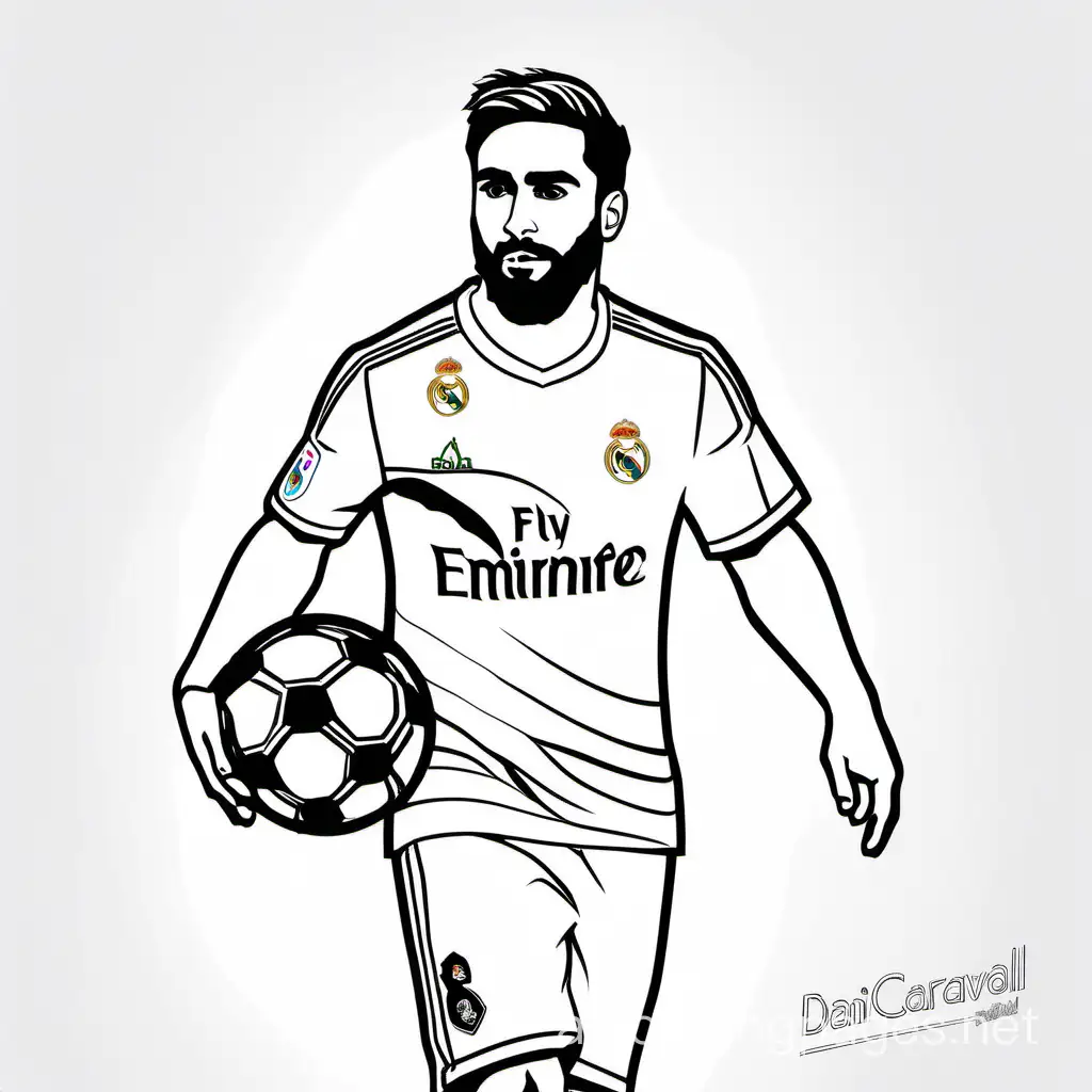 Dani Carvajal football real madrid coloring page , Coloring Page, black and white, line art, white background, Simplicity, Ample White Space. The background of the coloring page is plain white to make it easy for young children to color within the lines. The outlines of all the subjects are easy to distinguish, making it simple for kids to color without too much difficulty