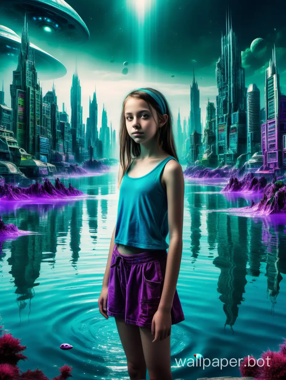 TEEN GIRL 14 YEARS background, large area of water to front ,an alien city by lakeside, vibrant colours