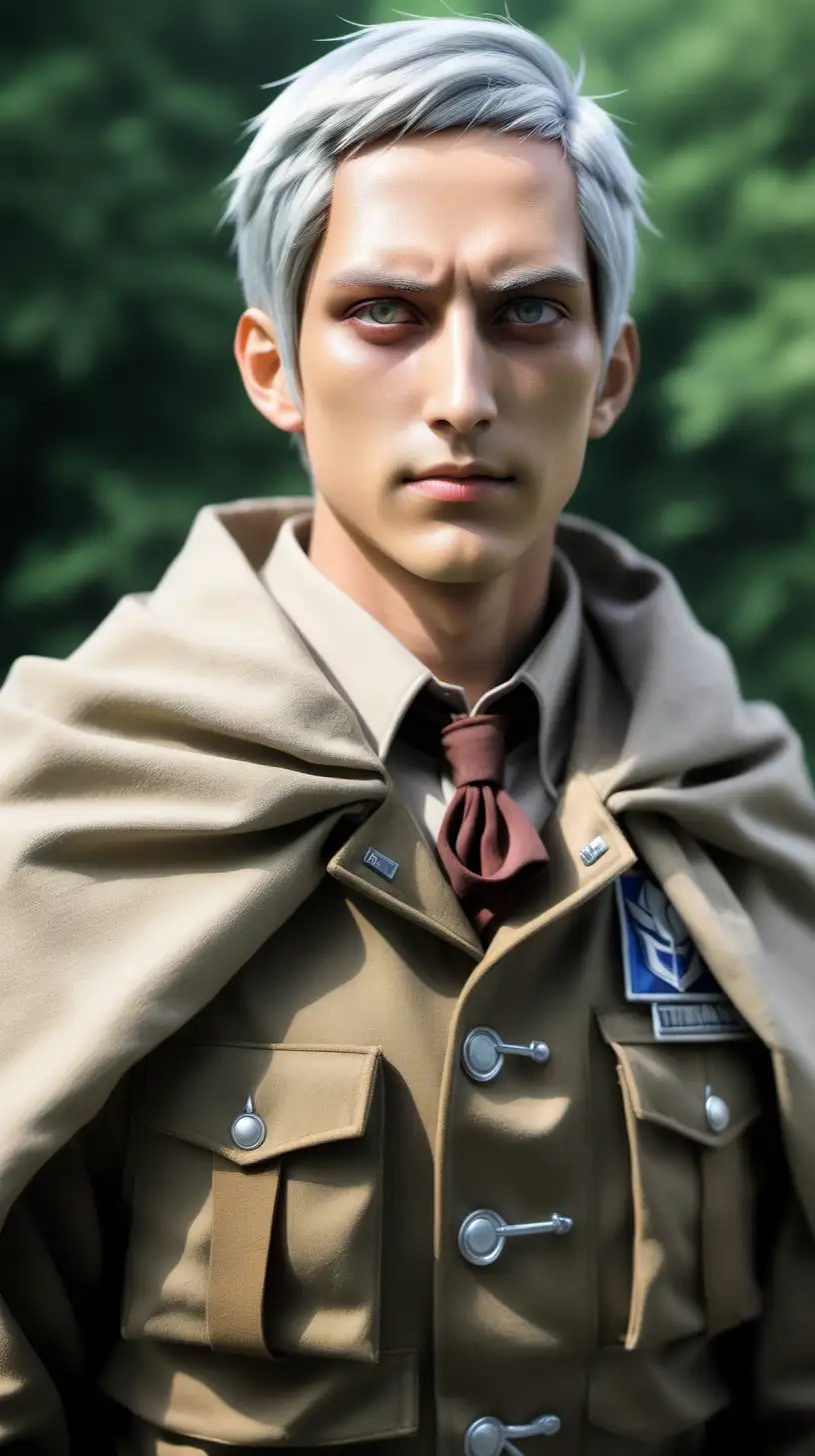Conny Springer from "Attack on Titan" as real person, young male, slim build, with bright hazel eyes, and his gray hair is distinctively kept shaved,  typically dressed in standard military garb and dons the Scout Regiment cape when on missions, photo-realistic, hyper-realistic