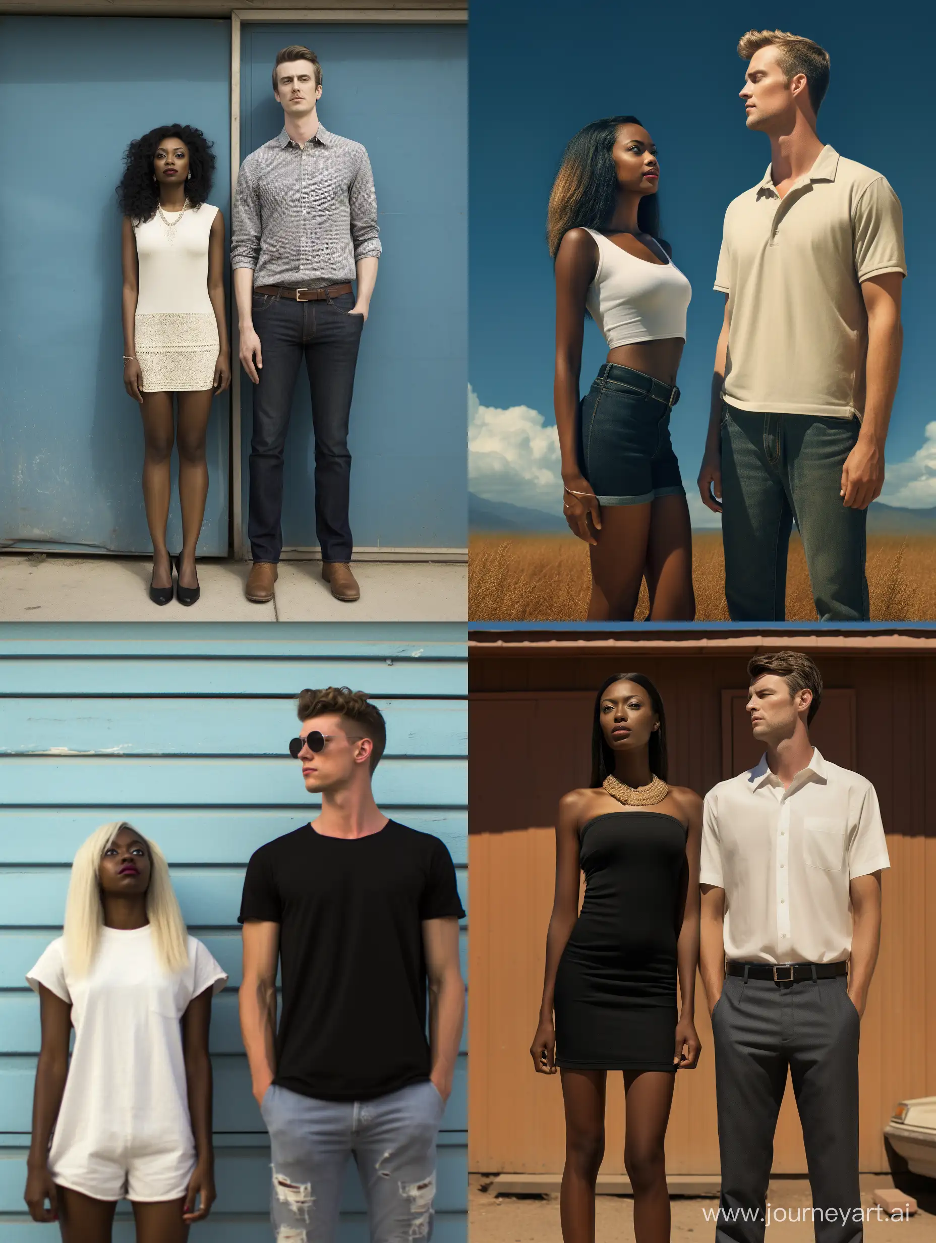 A very tall black woman standing next to a shorter white blonde  man. realistic color photograph. 