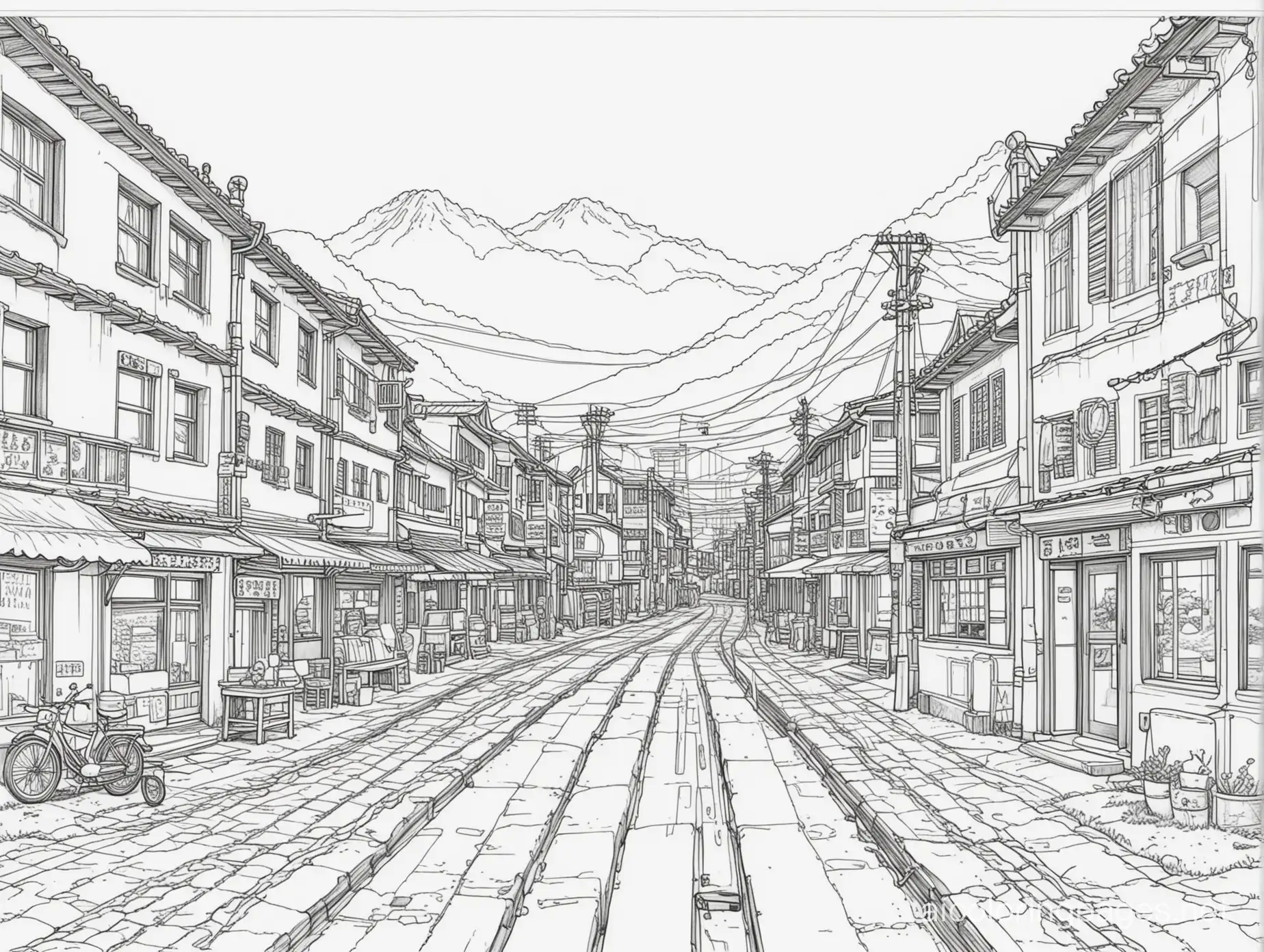 Showa Town, Coloring Page, black and white, line art, white background, Simplicity, Ample White Space. The background of the coloring page is plain white to make it easy for young children to color within the lines. The outlines of all the subjects are easy to distinguish, making it simple for kids to color without too much difficulty
