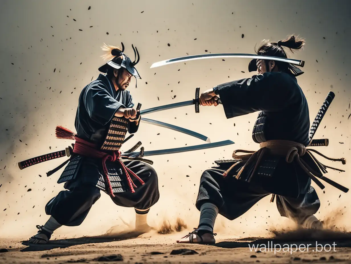 Strong samurai fight with katanas amidst slain samurai