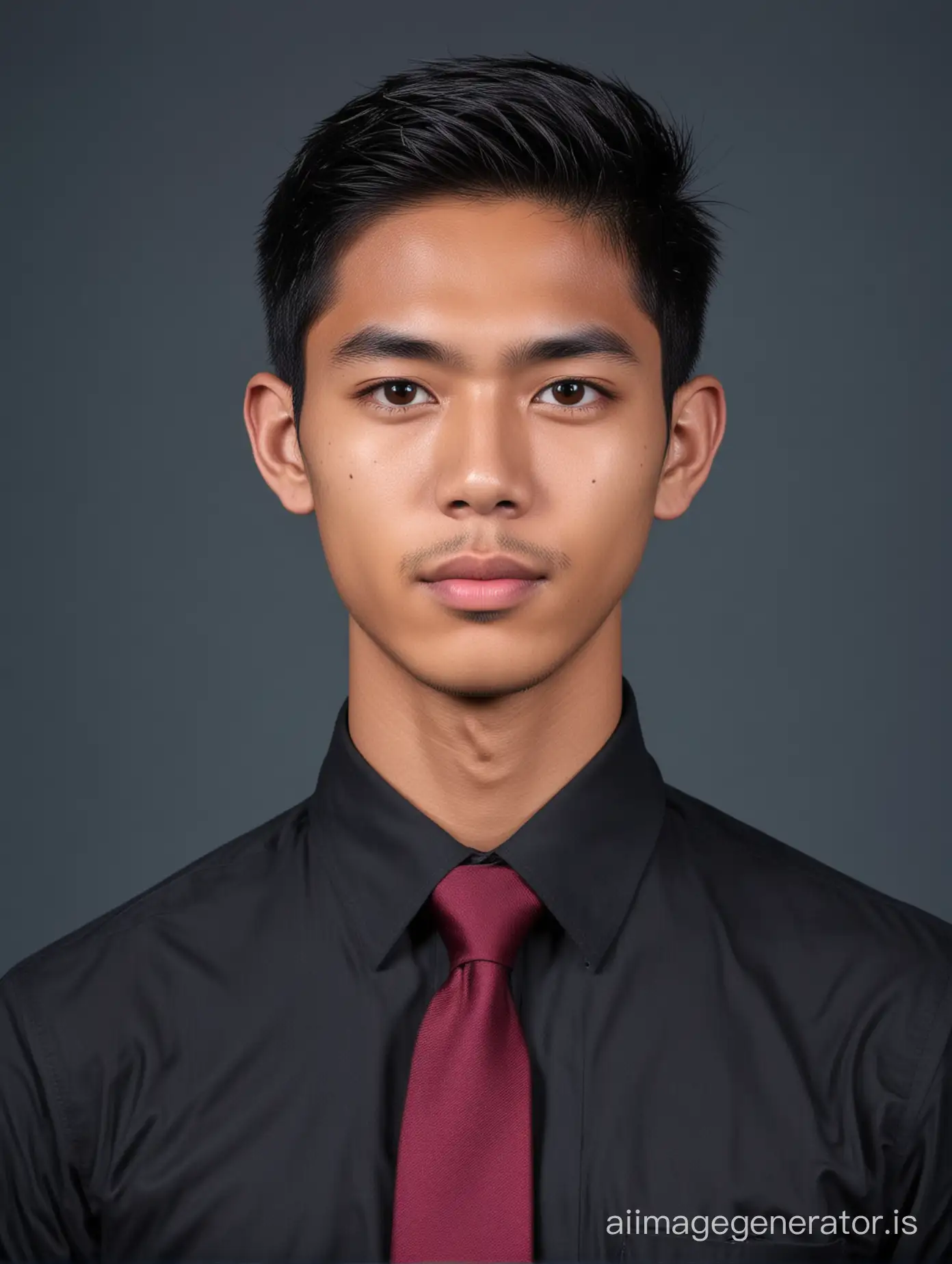 A young handsome indonesian man,age 18 years old,  black short and thin side cut hair. Wearing black long sleeve shirt with maroon tie. Background solid navy blue. Body and face facing the camera, for passport photo, 8K , UHD.